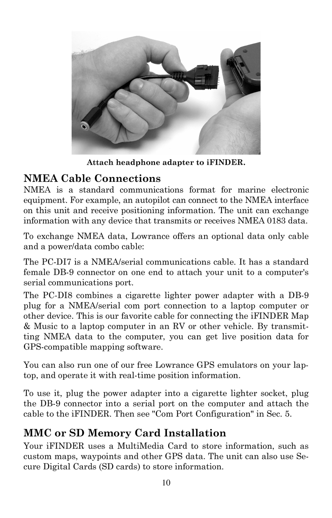 Lowrance electronic Mapping GPS & MP3 Player manual Nmea Cable Connections, MMC or SD Memory Card Installation 