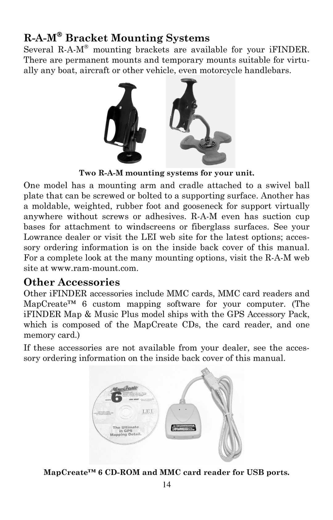 Lowrance electronic Mapping GPS & MP3 Player manual MBracket Mounting Systems, Other Accessories 