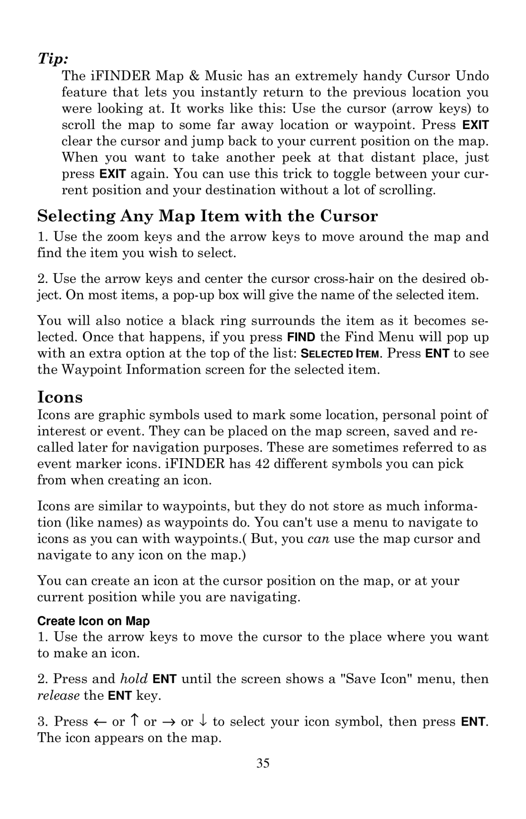 Lowrance electronic Mapping GPS & MP3 Player manual Selecting Any Map Item with the Cursor, Icons 