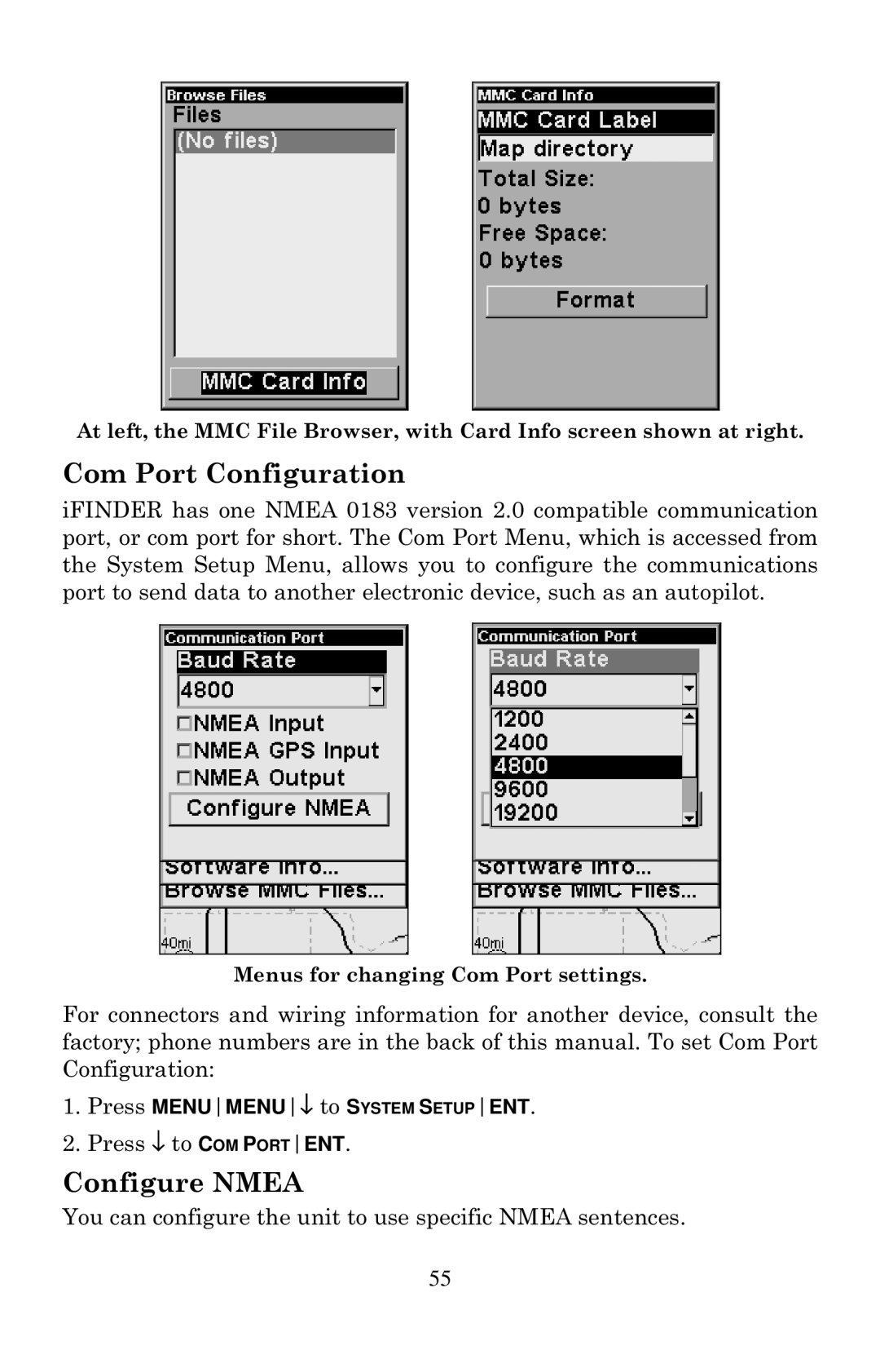 Lowrance electronic Mapping GPS & MP3 Player manual Com Port Configuration, Configure Nmea 