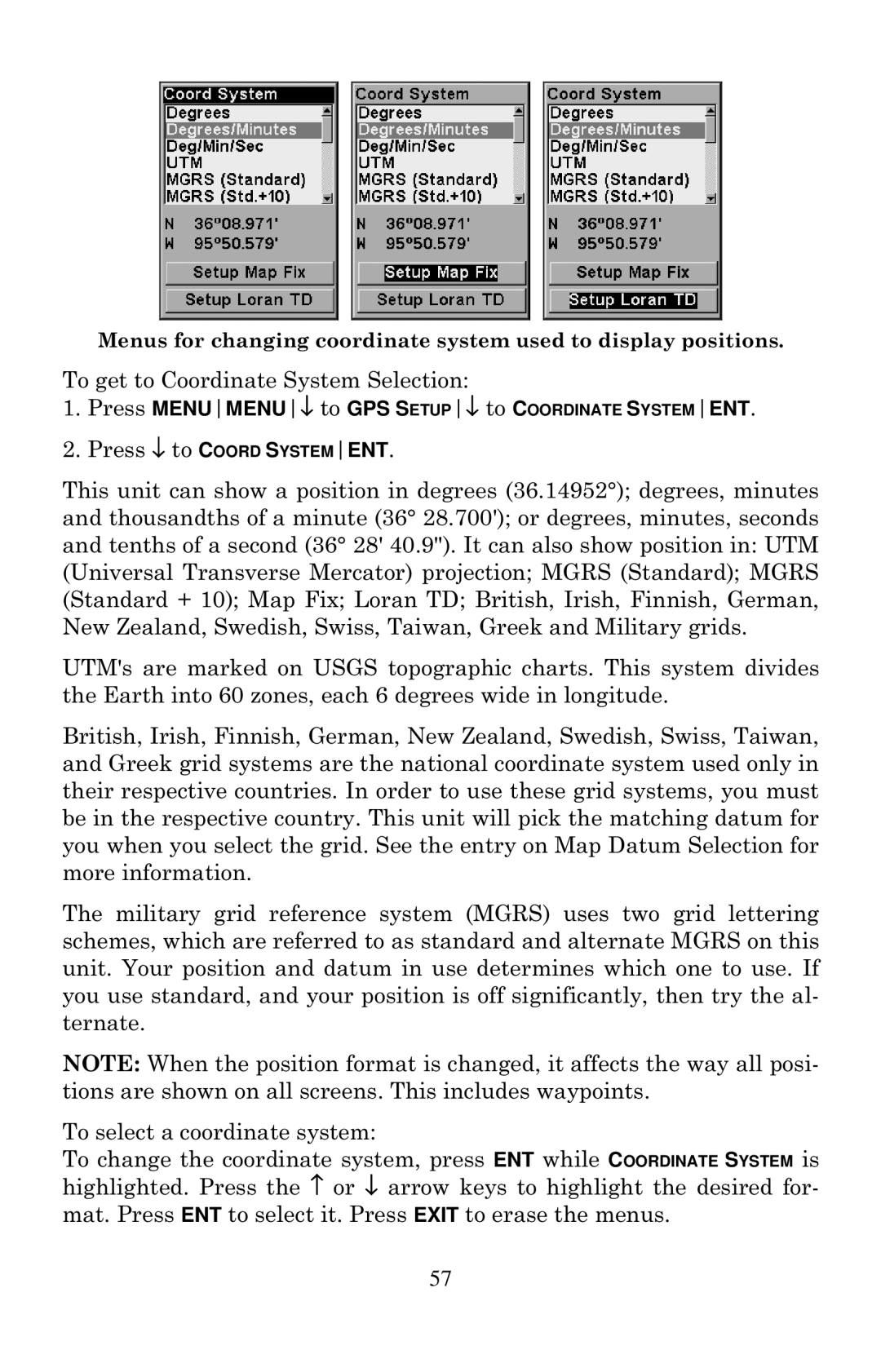 Lowrance electronic Mapping GPS & MP3 Player manual To get to Coordinate System Selection 