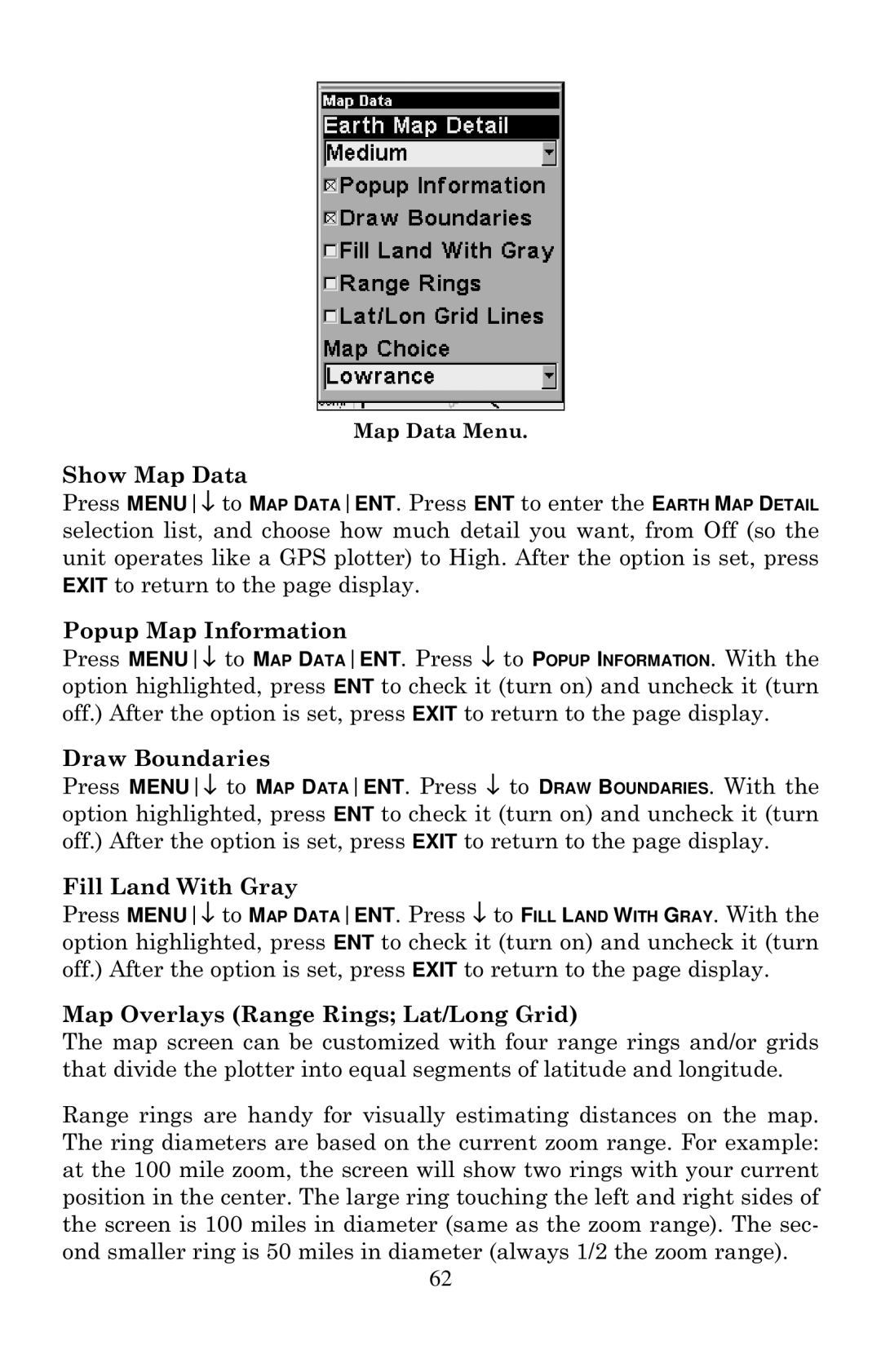 Lowrance electronic Mapping GPS & MP3 Player manual Map Data Menu 