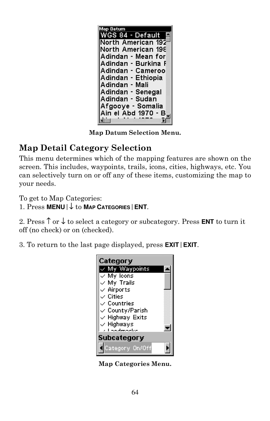 Lowrance electronic Mapping GPS & MP3 Player manual Map Detail Category Selection 