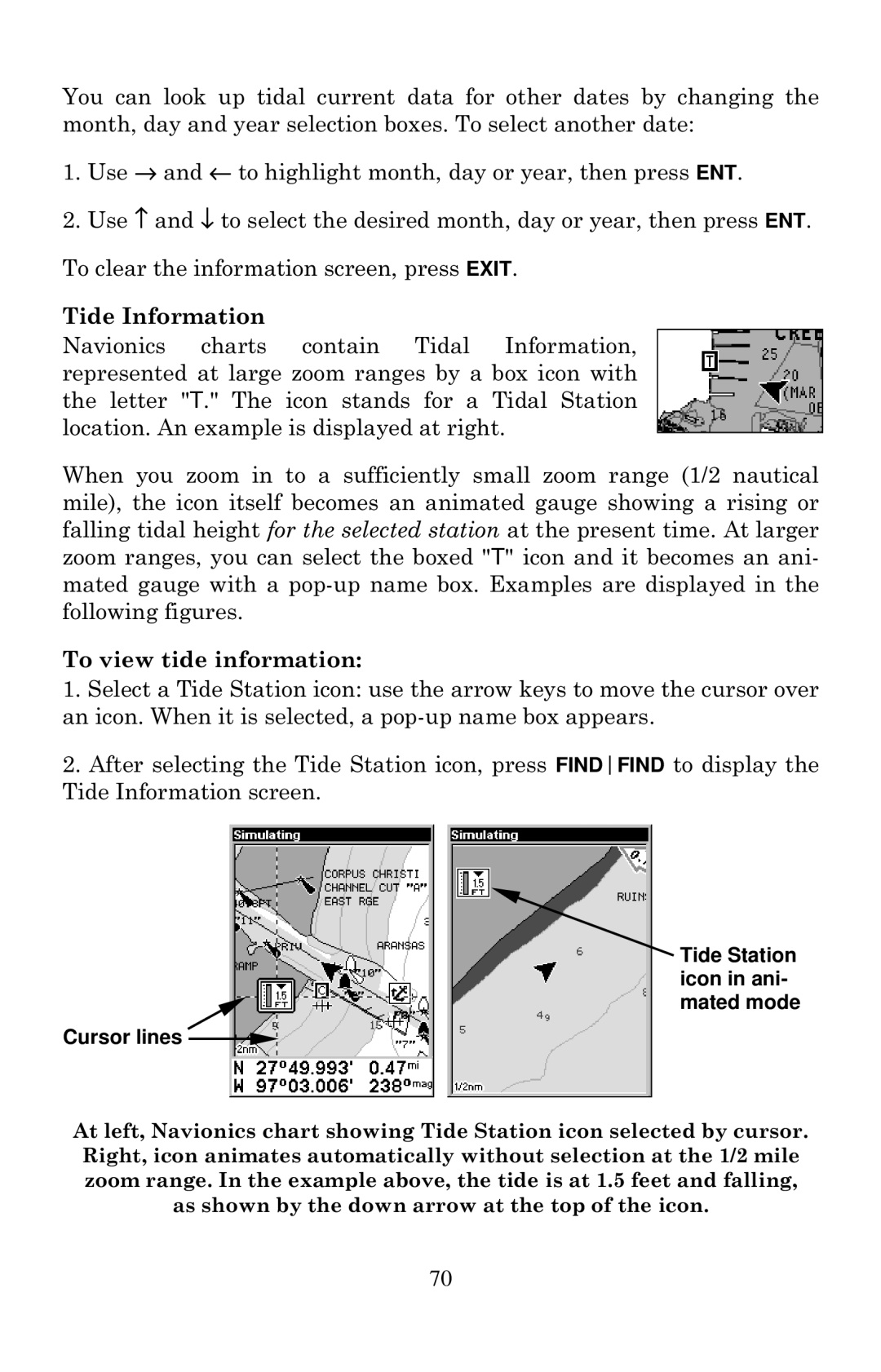 Lowrance electronic Mapping GPS & MP3 Player manual Tide Station icon in ani- mated mode Cursor lines 