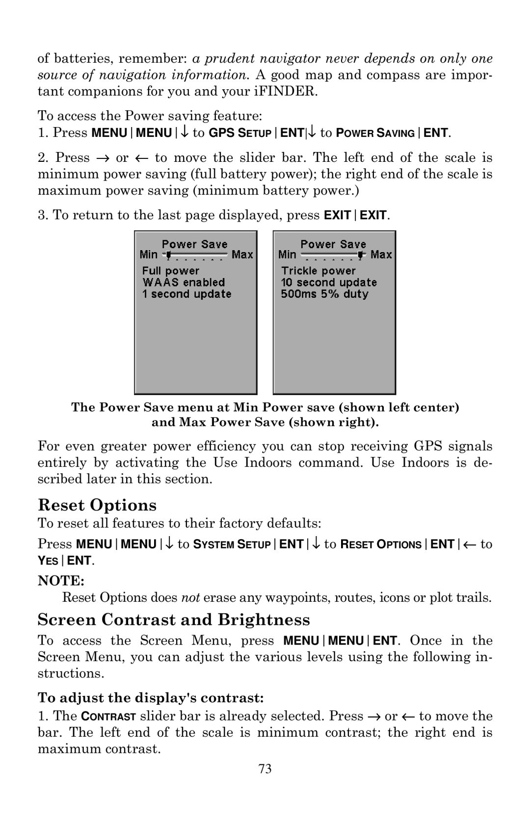 Lowrance electronic Mapping GPS & MP3 Player manual Reset Options, Screen Contrast and Brightness 