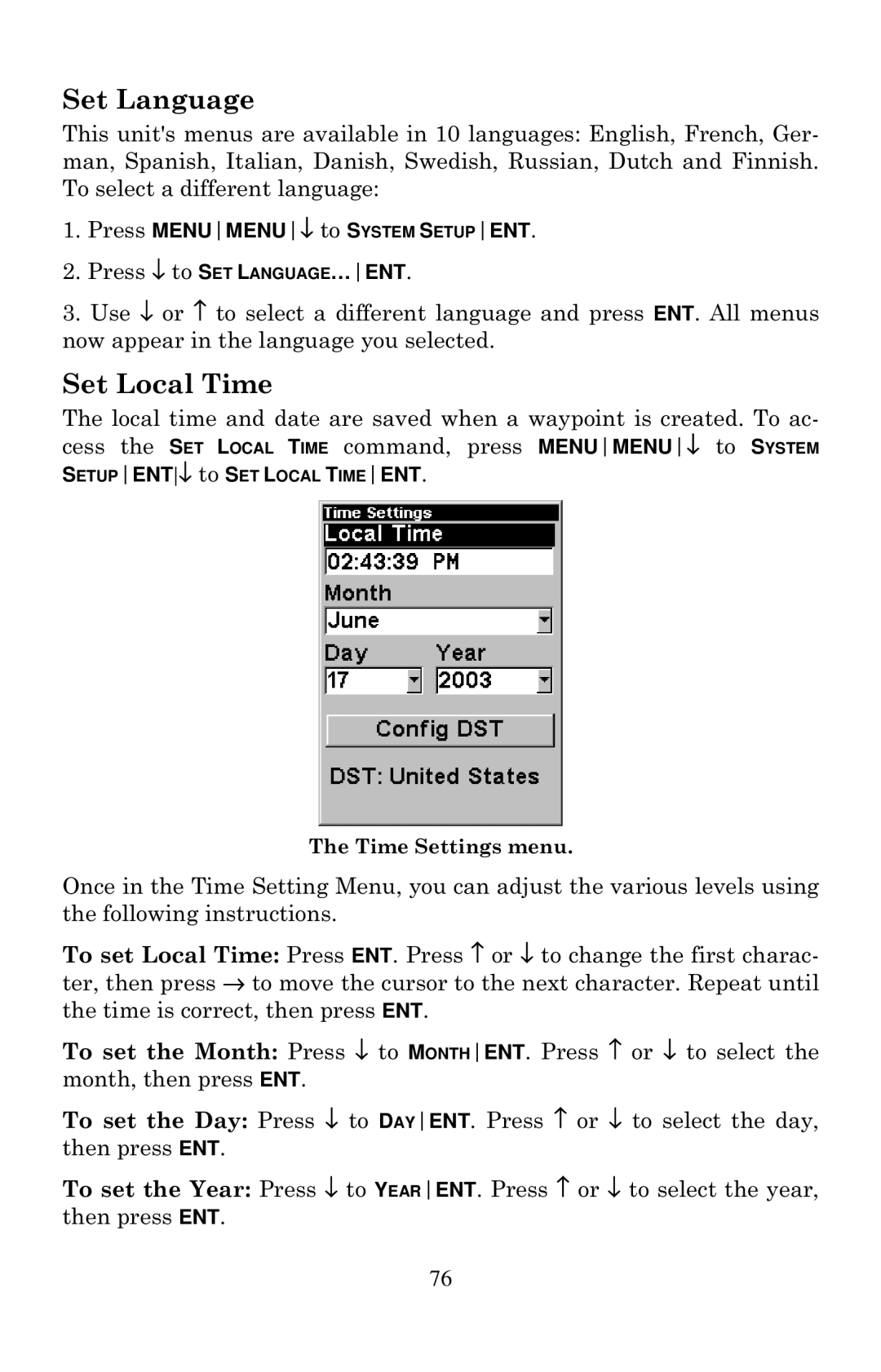 Lowrance electronic Mapping GPS & MP3 Player manual Set Language, Set Local Time 