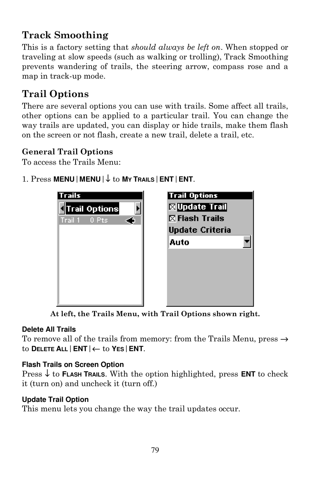 Lowrance electronic Mapping GPS & MP3 Player manual Track Smoothing, Trail Options 