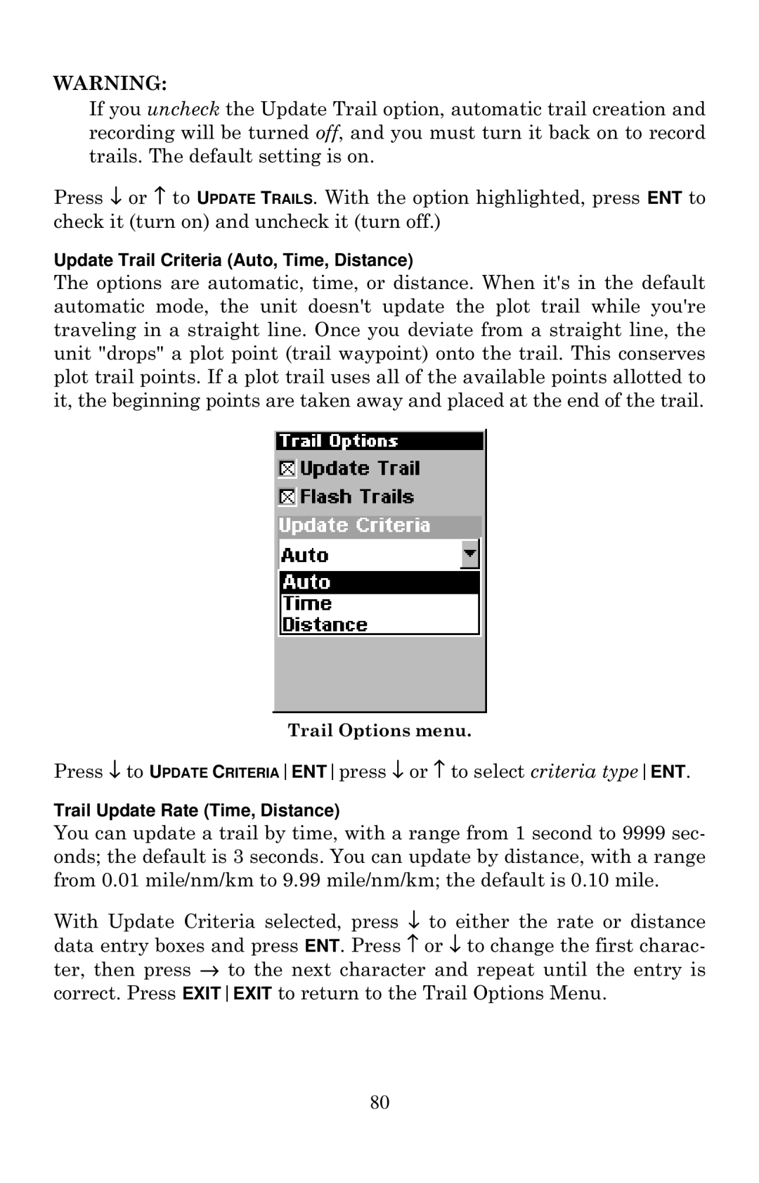 Lowrance electronic Mapping GPS & MP3 Player manual Update Trail Criteria Auto, Time, Distance 