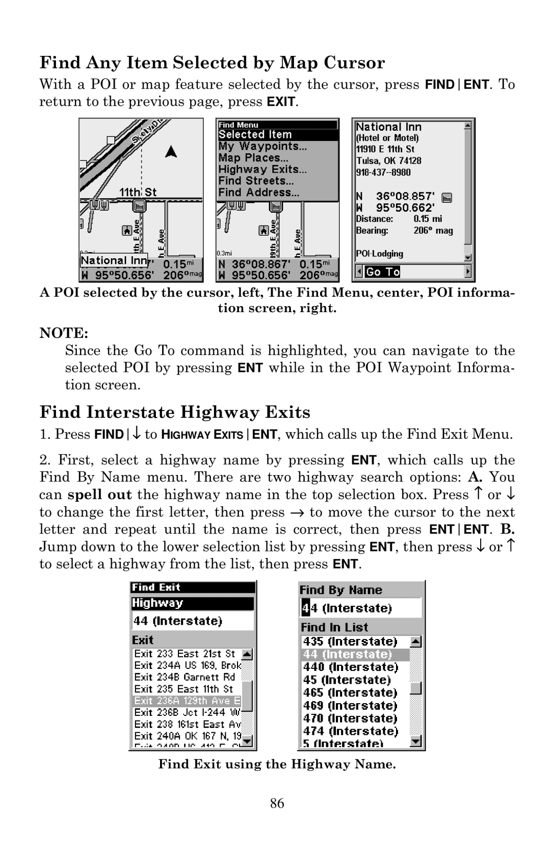 Lowrance electronic Mapping GPS & MP3 Player manual Find Any Item Selected by Map Cursor, Find Interstate Highway Exits 