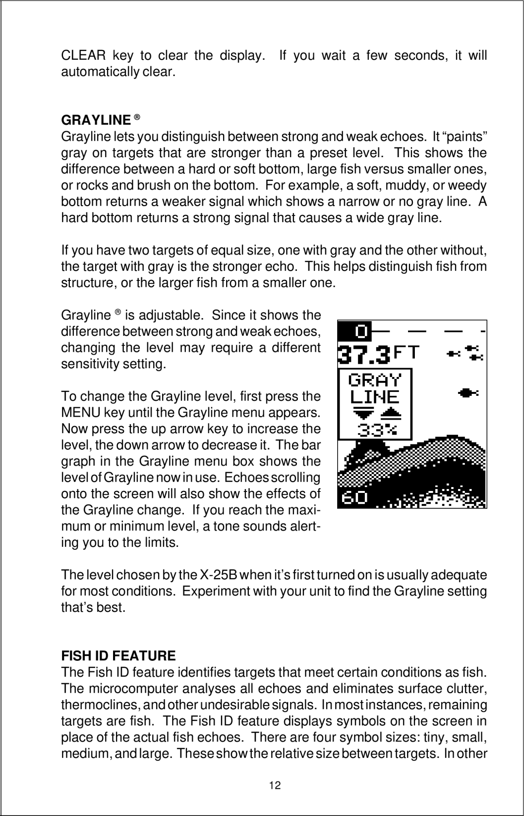 Lowrance electronic X-25B manual Grayline, Fish ID Feature 