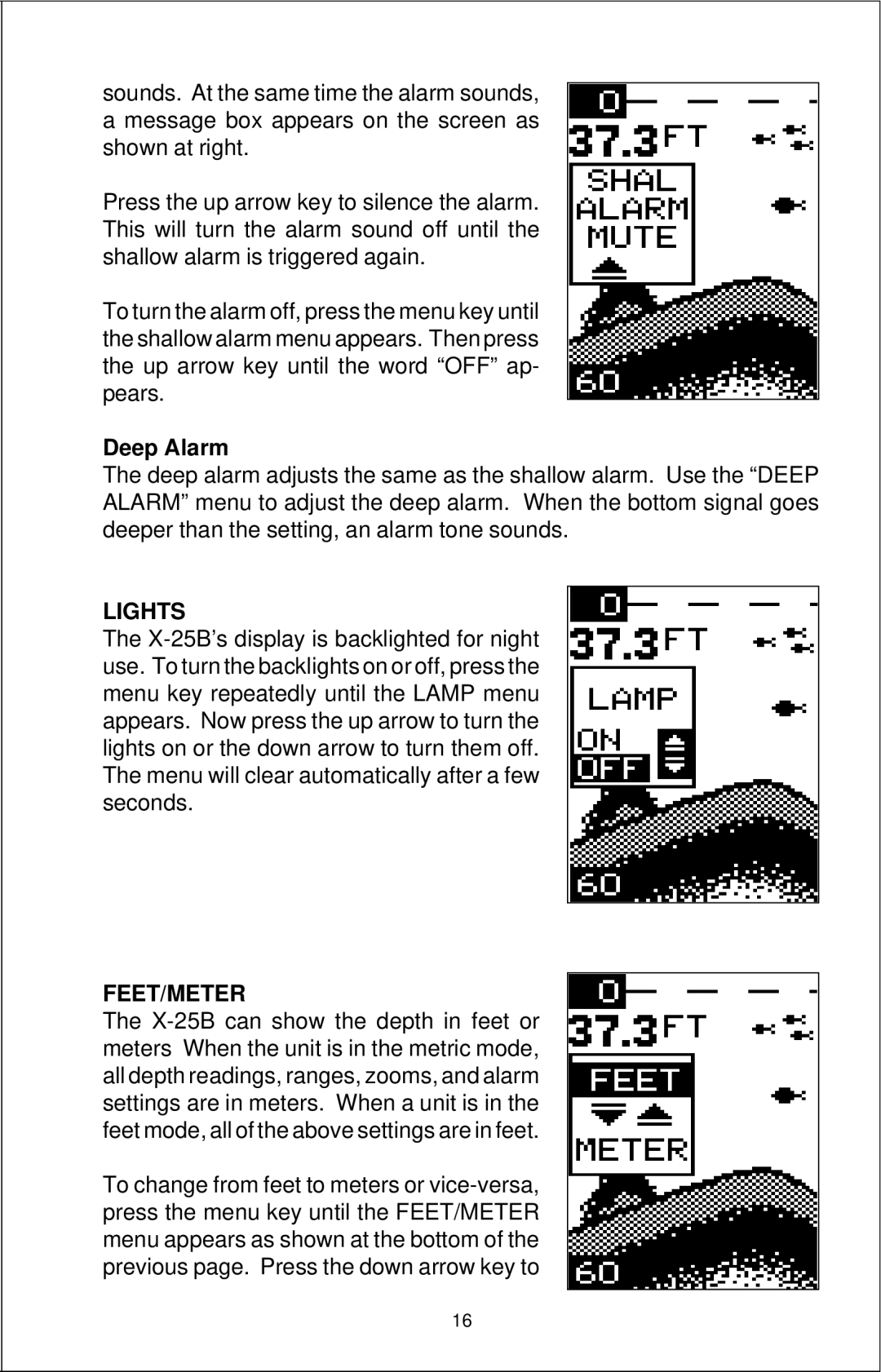 Lowrance electronic X-25B manual Deep Alarm, Lights, Feet/Meter 