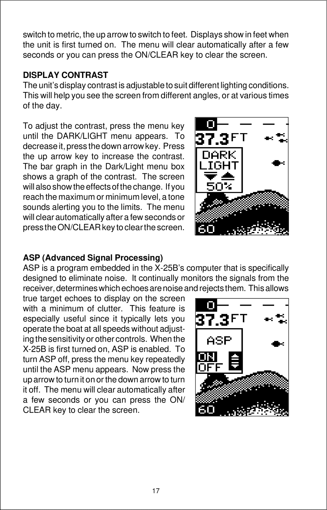 Lowrance electronic X-25B manual Display Contrast, ASP Advanced Signal Processing 