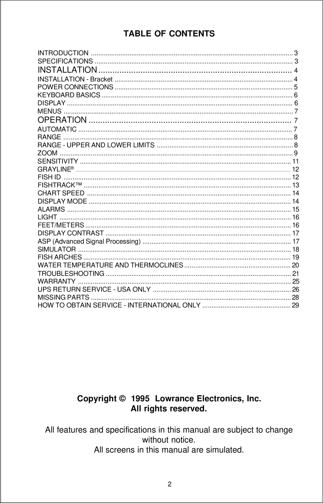 Lowrance electronic X-25B manual Table of Contents 