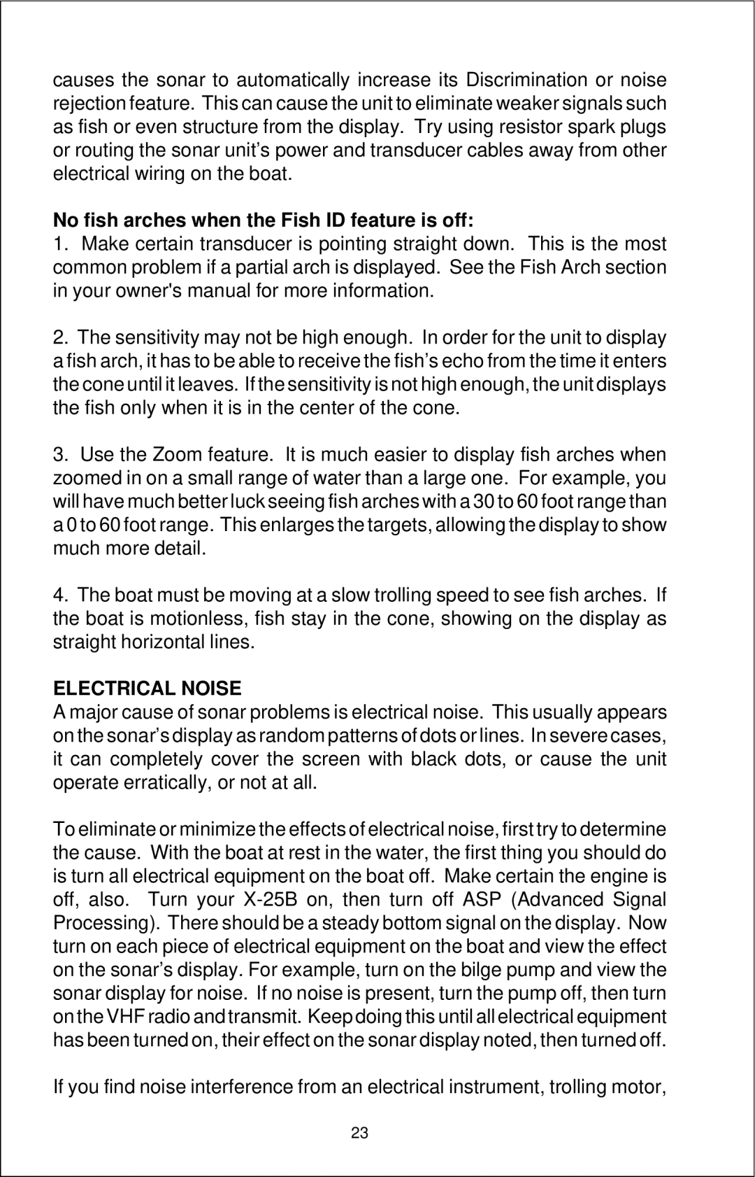 Lowrance electronic X-25B manual No fish arches when the Fish ID feature is off, Electrical Noise 