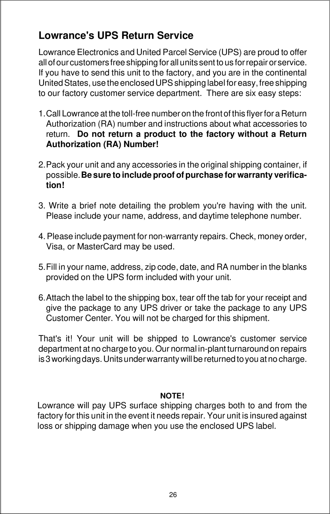 Lowrance electronic X-25B manual Lowrances UPS Return Service, Authorization RA Number 