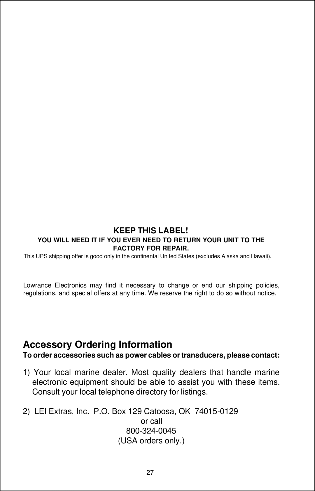 Lowrance electronic X-25B manual Accessory Ordering Information, Keep this Label 