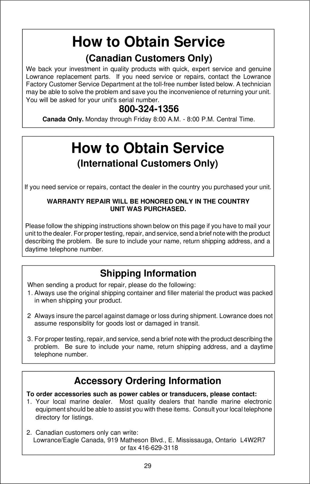 Lowrance electronic X-25B manual How to Obtain Service 