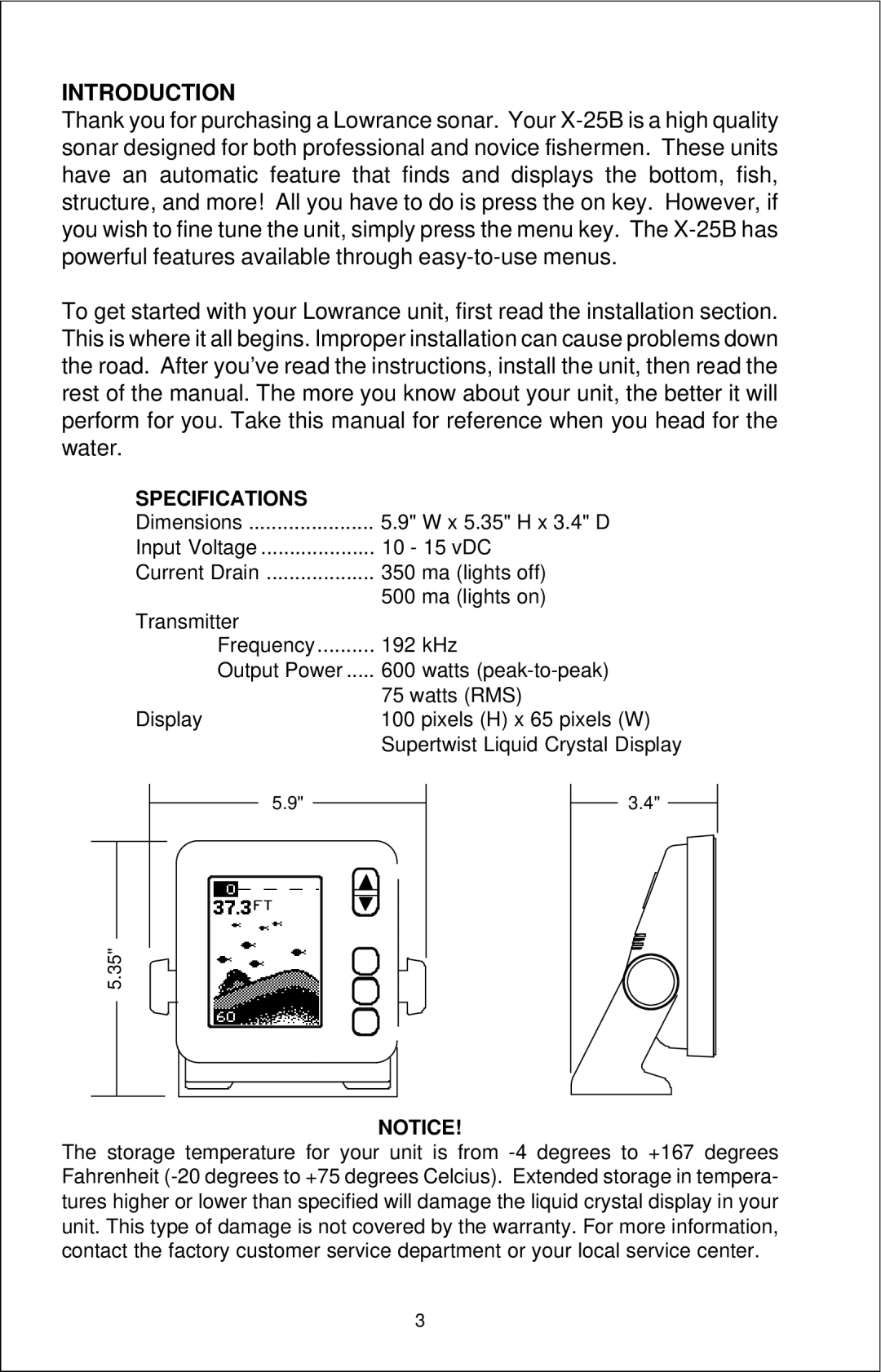 Lowrance electronic X-25B manual Introduction, Specifications 