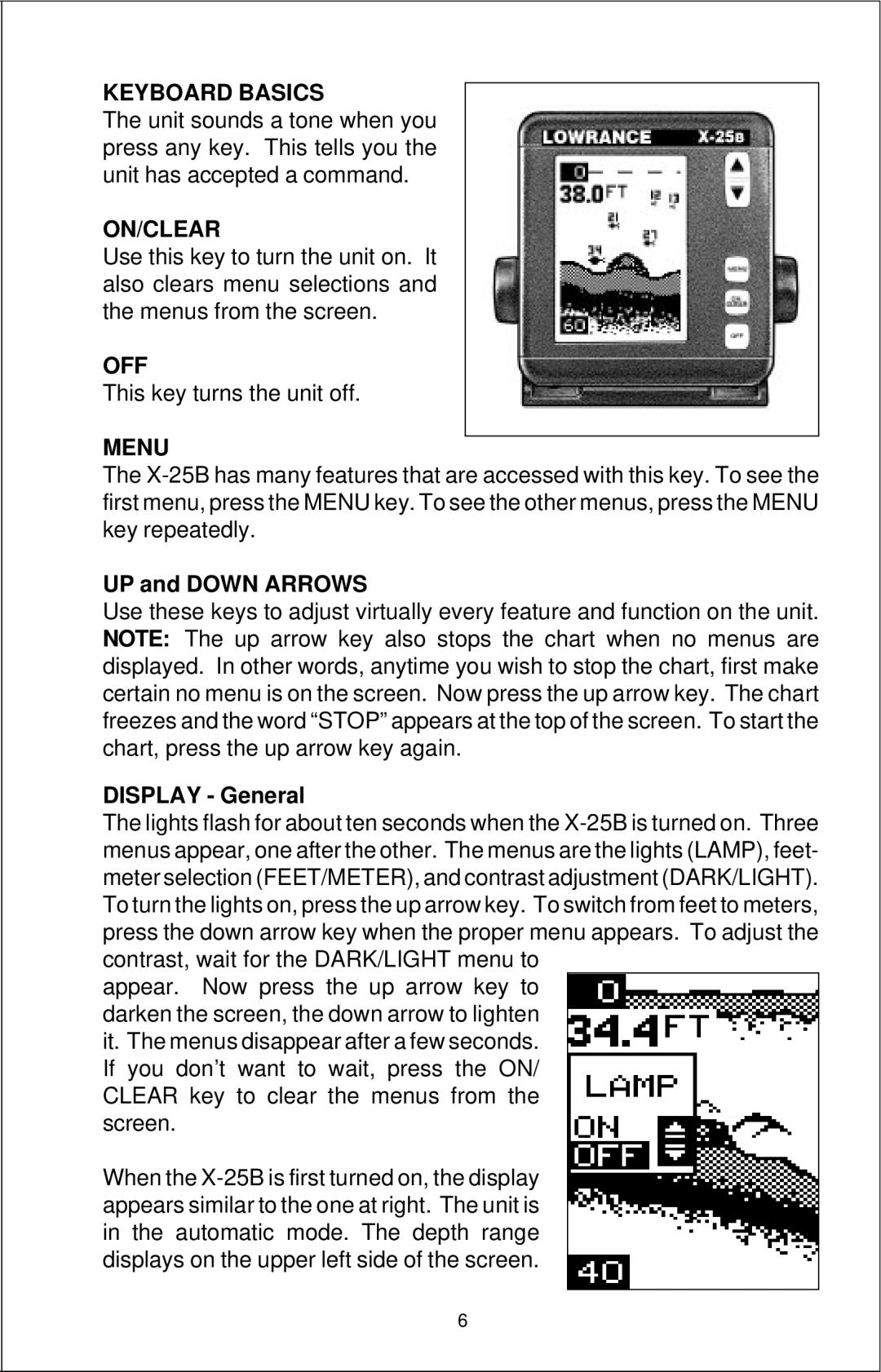 Lowrance electronic X-25B manual Keyboard Basics, On/Clear, Off, Menu 