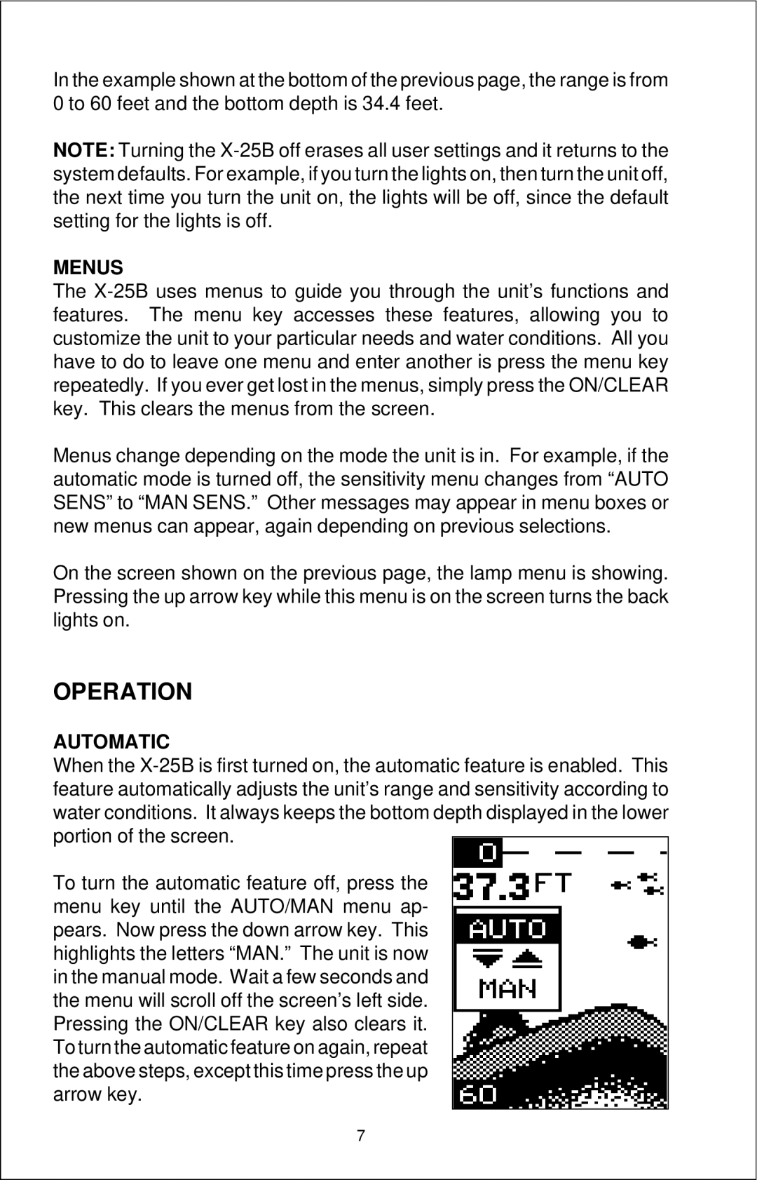 Lowrance electronic X-25B manual Menus, Automatic 