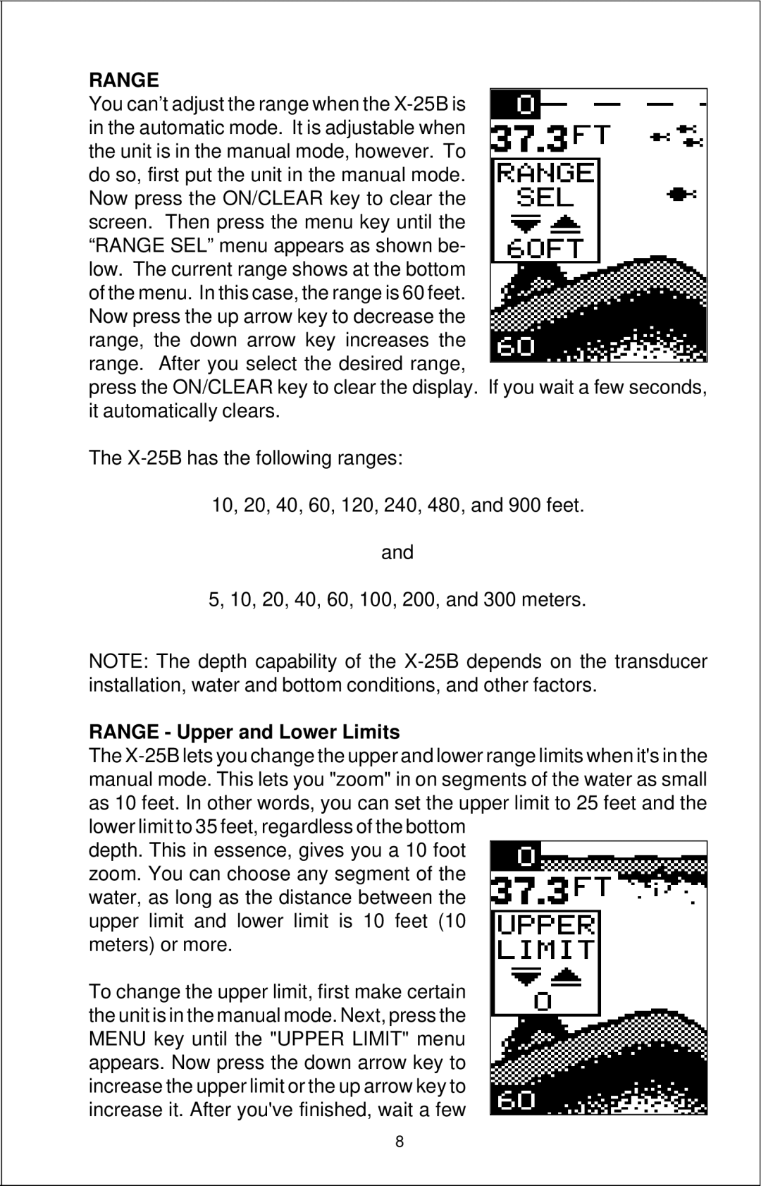 Lowrance electronic X-25B manual Range Upper and Lower Limits 
