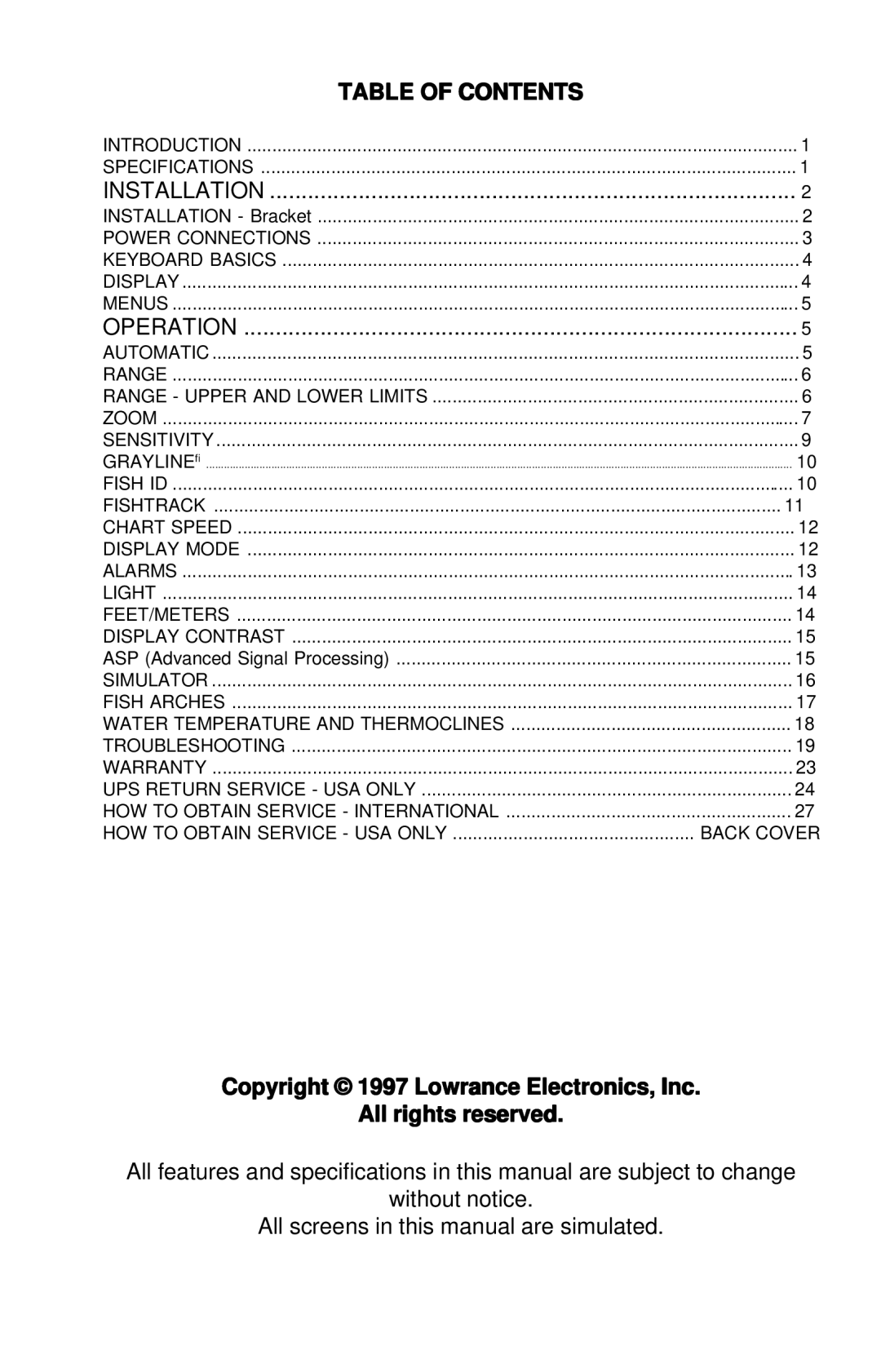 Lowrance electronic X-28 manual Table of Contents 