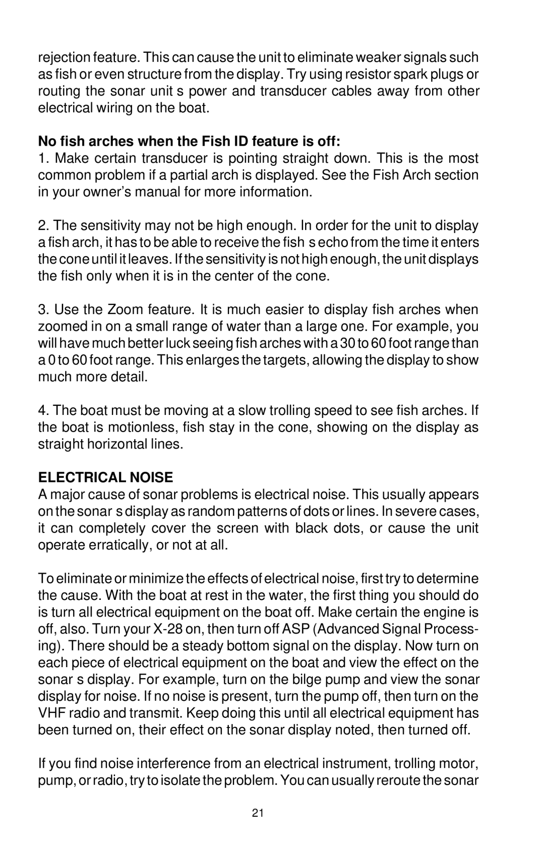Lowrance electronic X-28 manual No fish arches when the Fish ID feature is off, Electrical Noise 