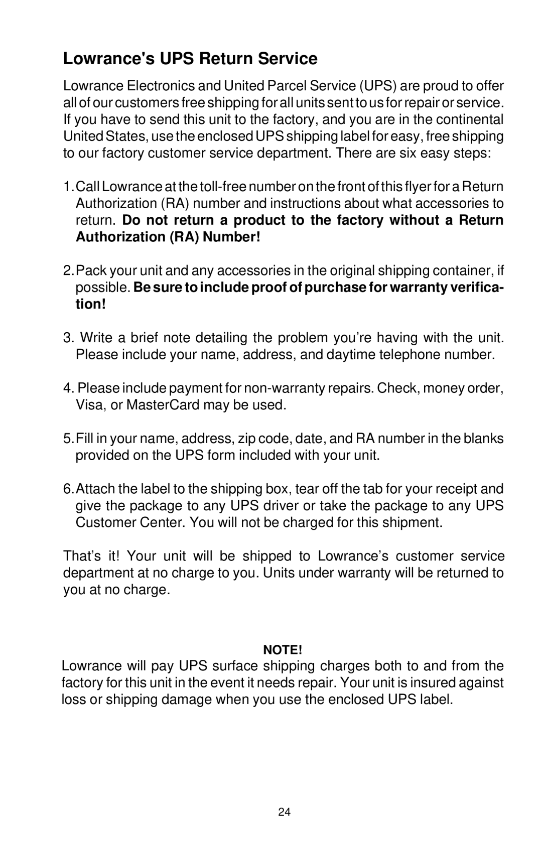 Lowrance electronic X-28 manual Lowrances UPS Return Service, Authorization RA Number 