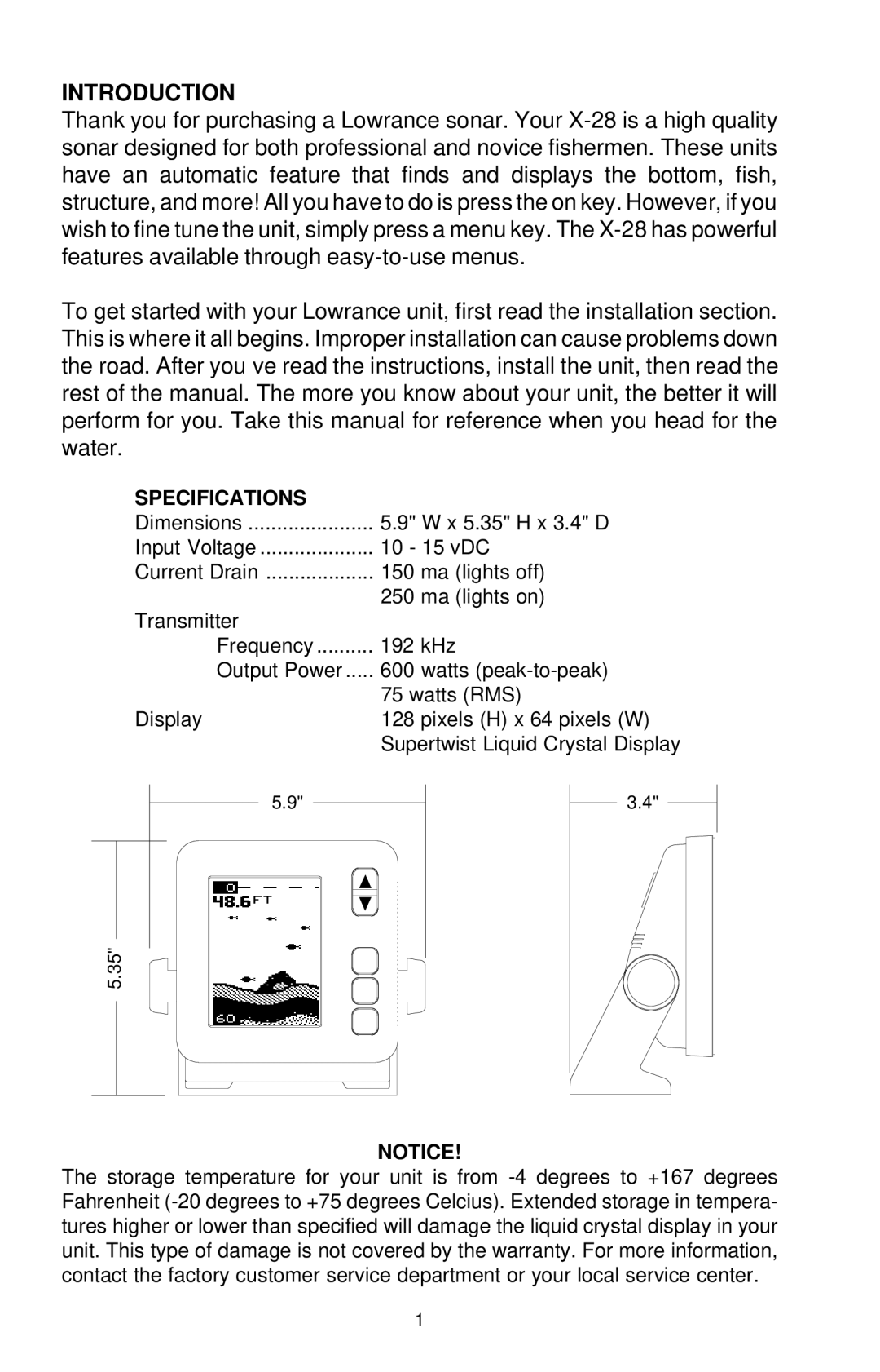 Lowrance electronic X-28 manual Introduction, Specifications 