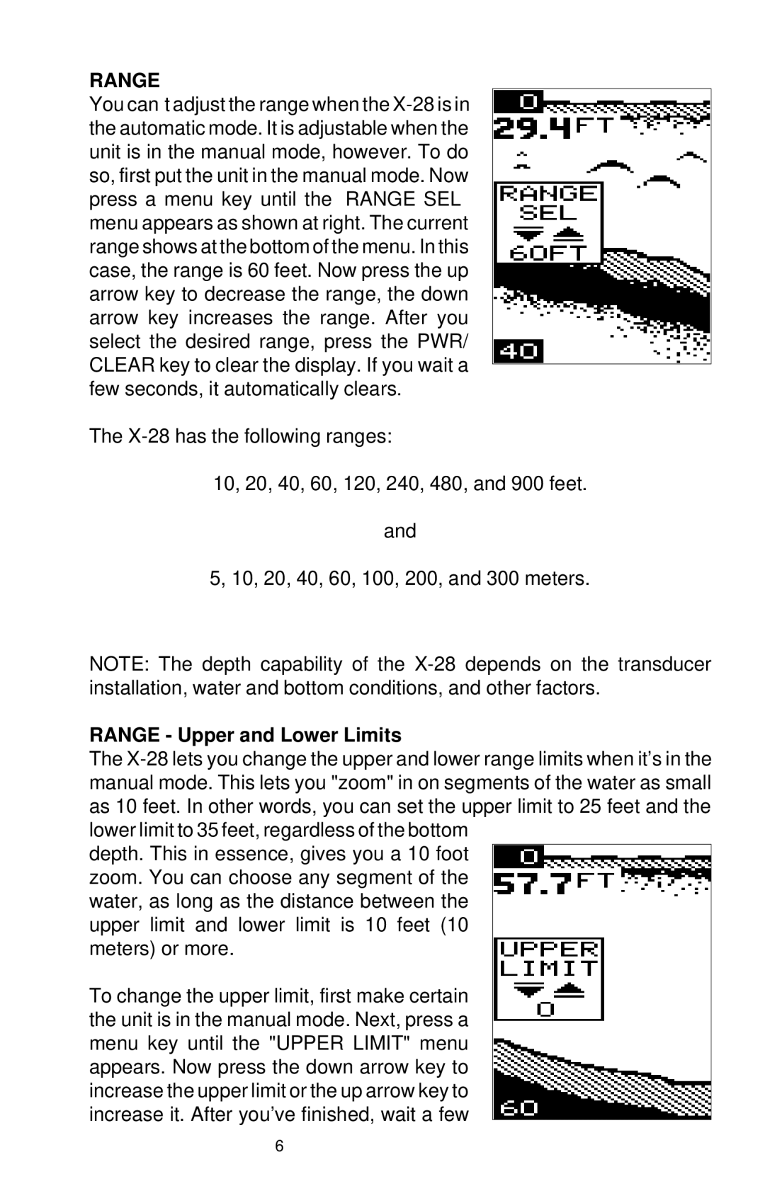 Lowrance electronic X-28 manual Range Upper and Lower Limits 