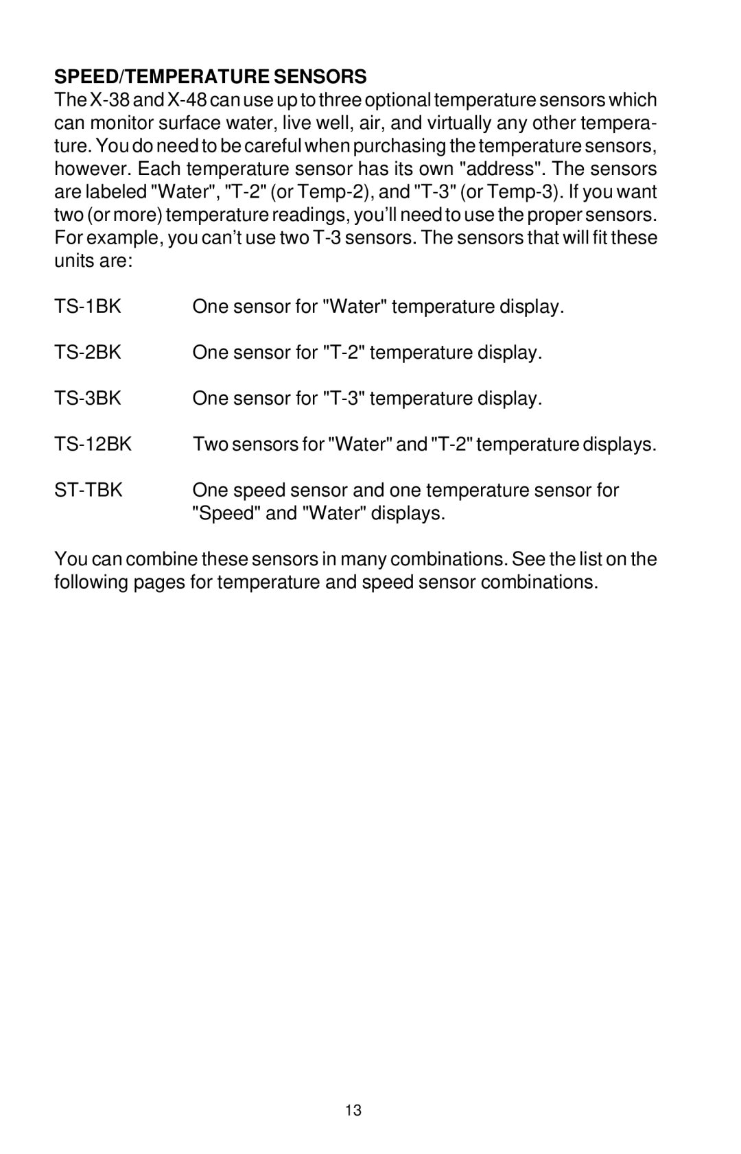 Lowrance electronic X-38, X-48 manual SPEED/TEMPERATURE Sensors, St-Tbk 