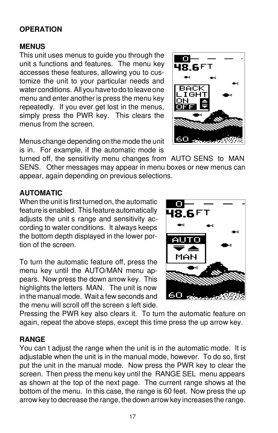 Lowrance electronic X-38, X-48 manual Operation Menus, Automatic, Range 