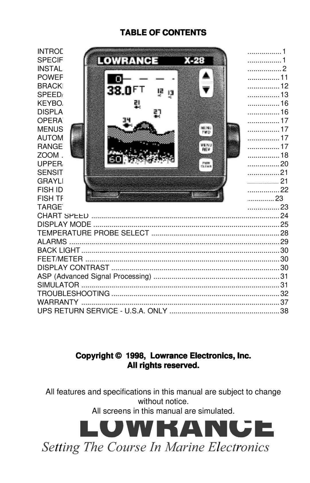 Lowrance electronic X-48, X-38 manual Table of Contents 