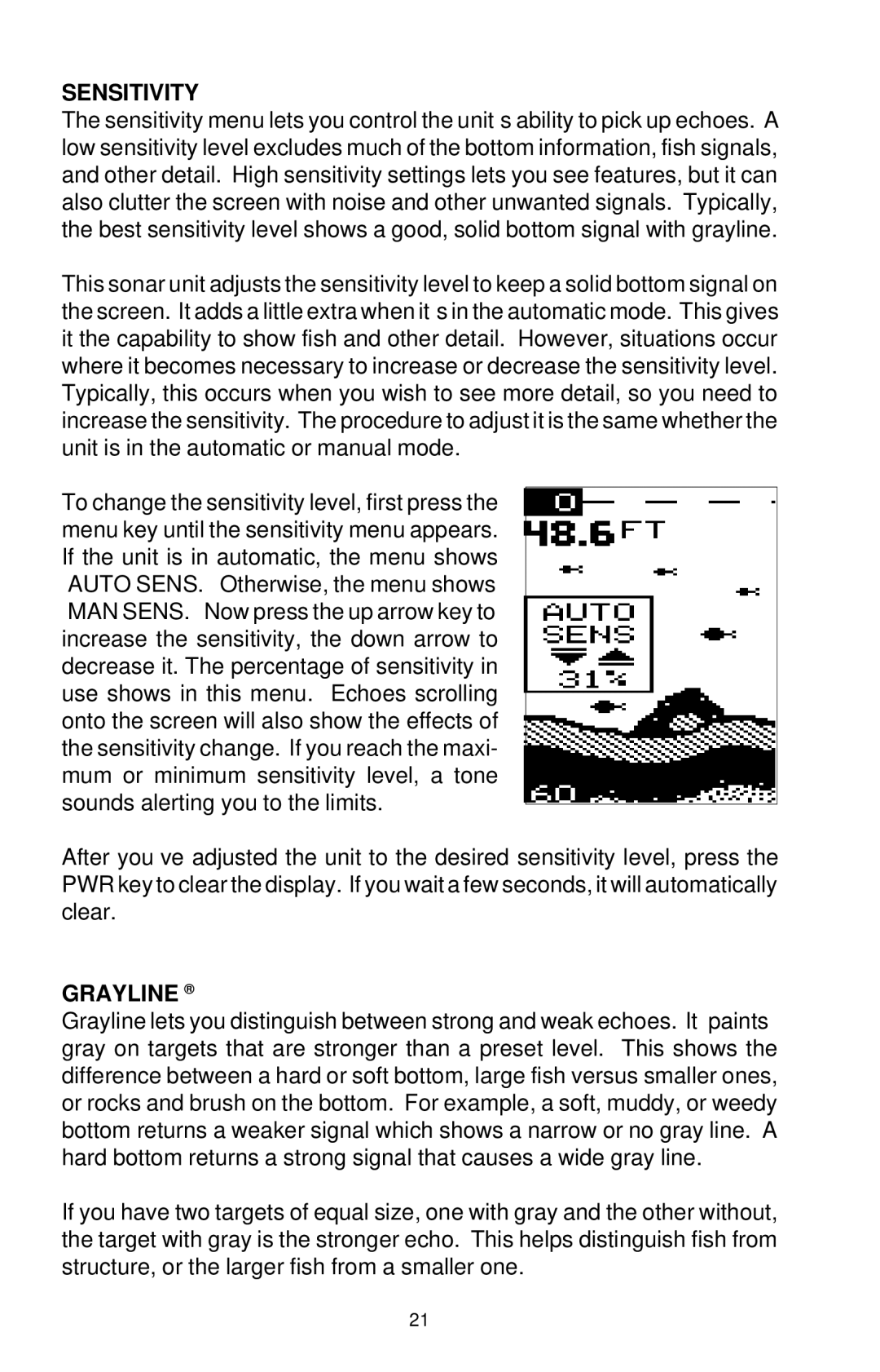 Lowrance electronic X-38, X-48 manual Sensitivity, Grayline 
