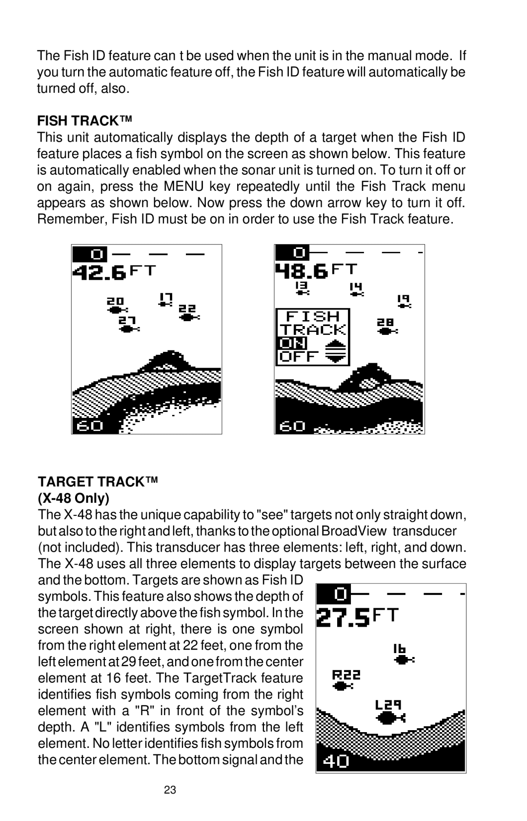 Lowrance electronic X-38 manual Fish Track, Target Track X-48 Only 