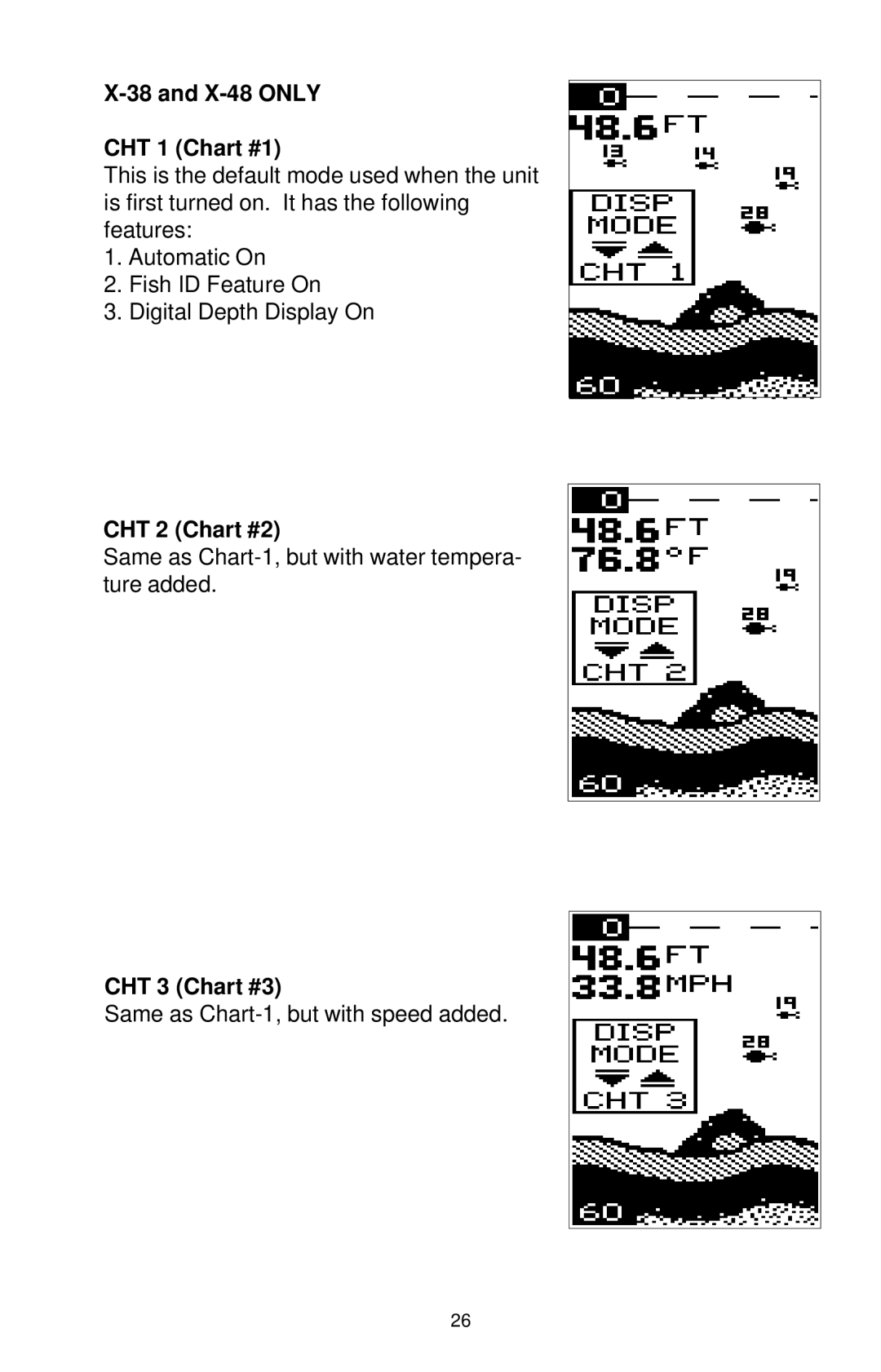 Lowrance electronic X-38 manual X-48 only CHT 1 Chart #1, CHT 3 Chart #3 