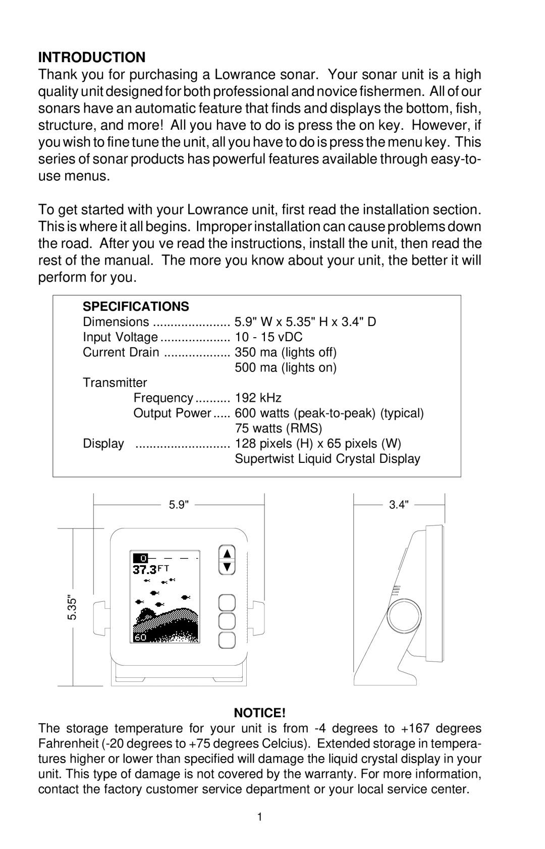 Lowrance electronic X-38, X-48 manual Introduction, Specifications 