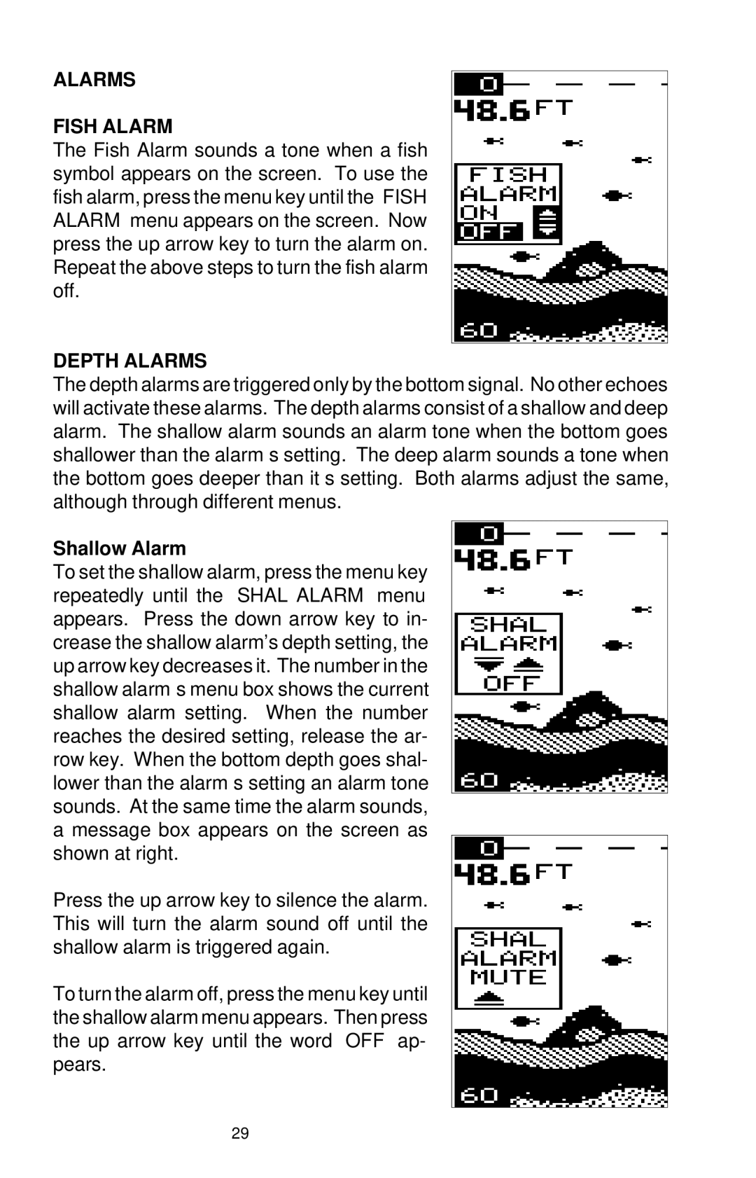 Lowrance electronic X-38, X-48 manual Alarms Fish Alarm, Depth Alarms, Shallow Alarm 