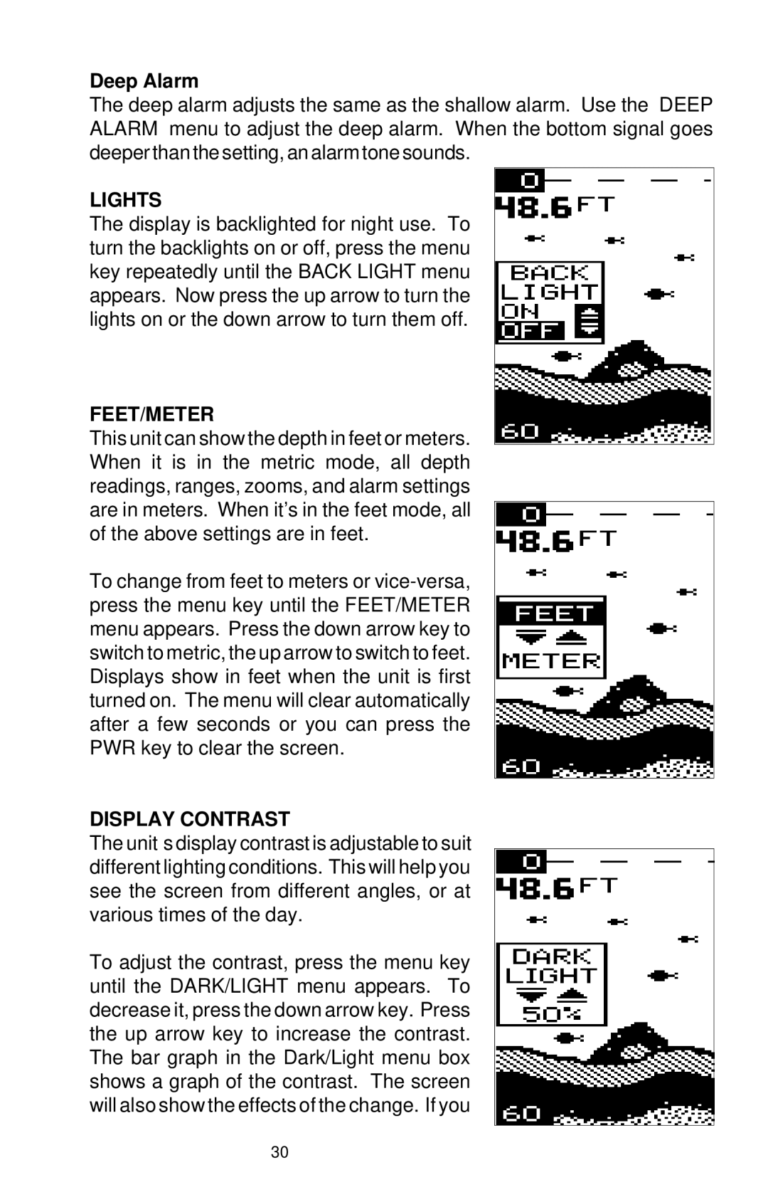 Lowrance electronic X-48, X-38 manual Deep Alarm, Lights, Feet/Meter, Display Contrast 