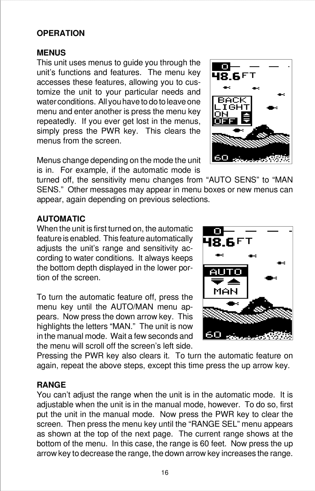 Lowrance electronic X-49, X-39, X-29 manual Operation Menus, Automatic, Range 