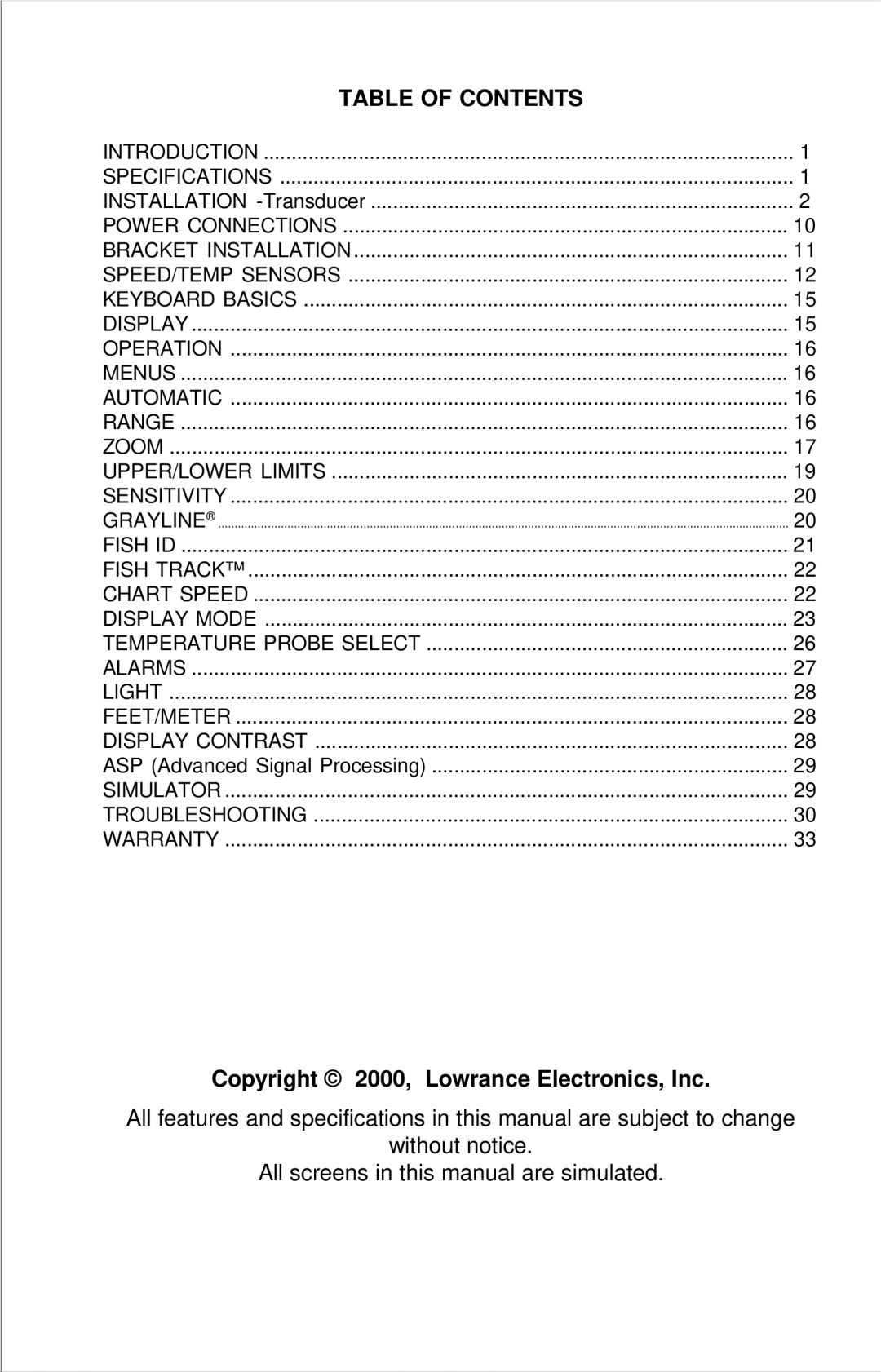 Lowrance electronic X-29, X-49, X-39 manual Table of Contents 