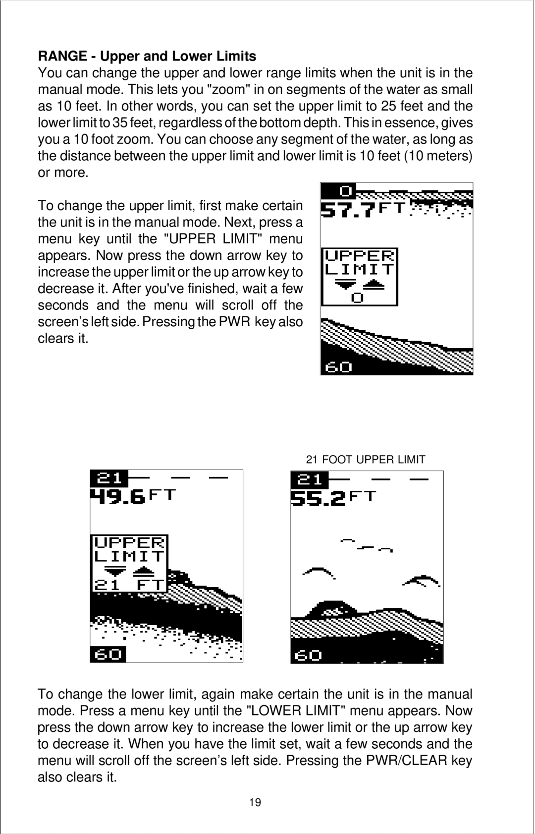 Lowrance electronic X-49, X-39, X-29 manual Range Upper and Lower Limits 