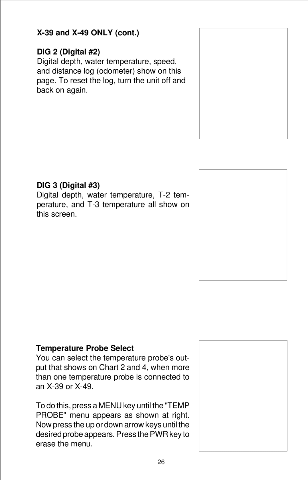 Lowrance electronic X-39, X-29 manual X-49 only DIG 2 Digital #2, DIG 3 Digital #3, Temperature Probe Select 