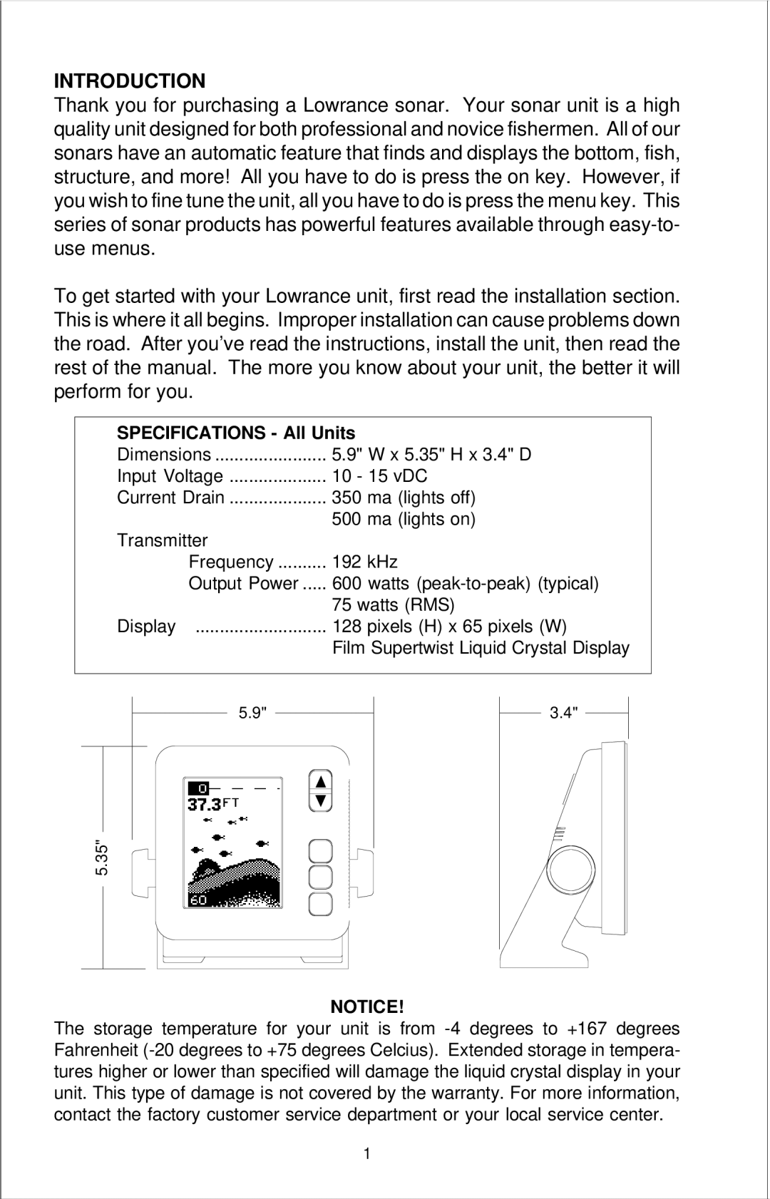Lowrance electronic X-49, X-39, X-29 manual Introduction, Specifications All Units 