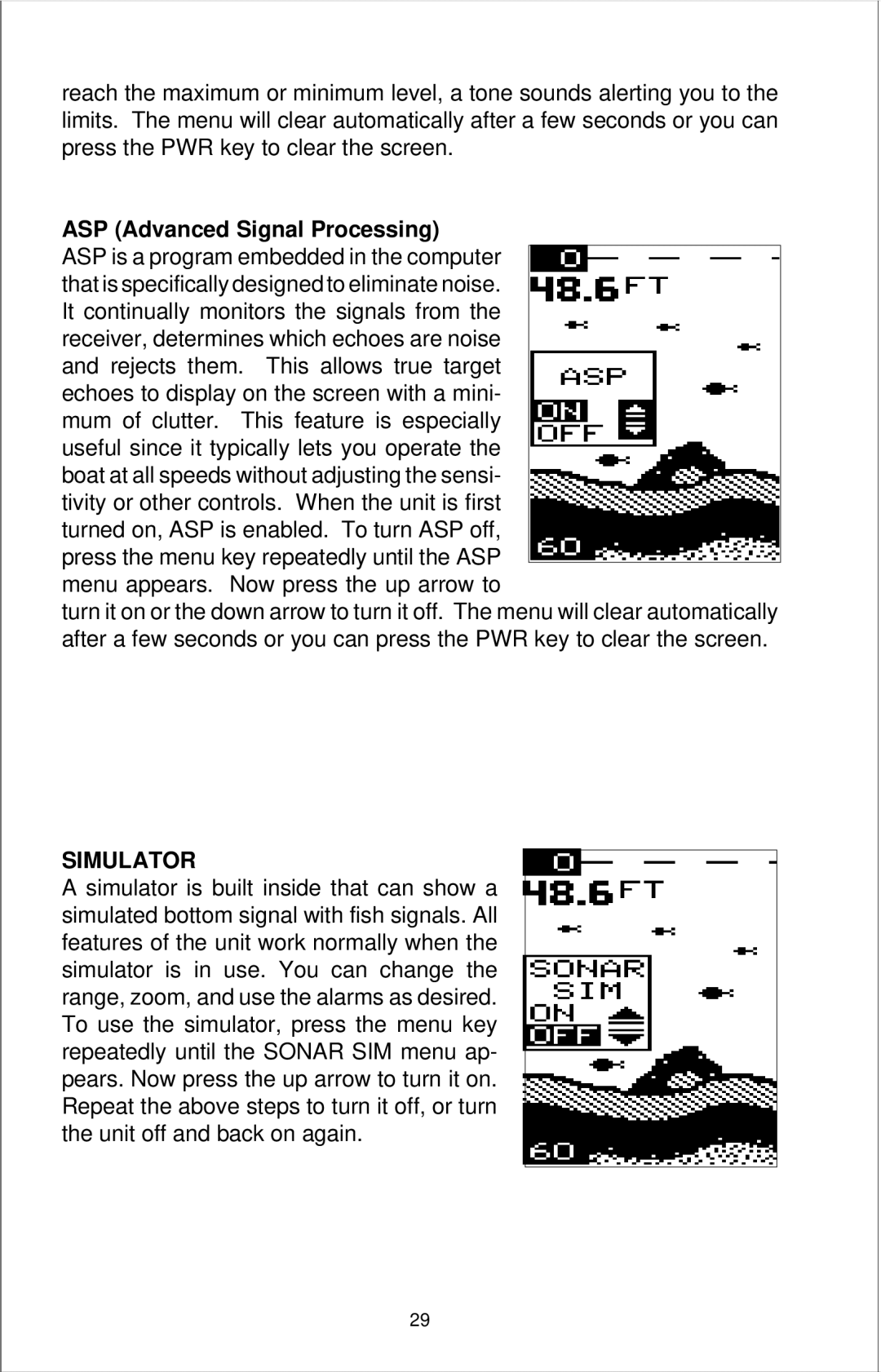 Lowrance electronic X-39, X-49, X-29 manual ASP Advanced Signal Processing, Simulator 