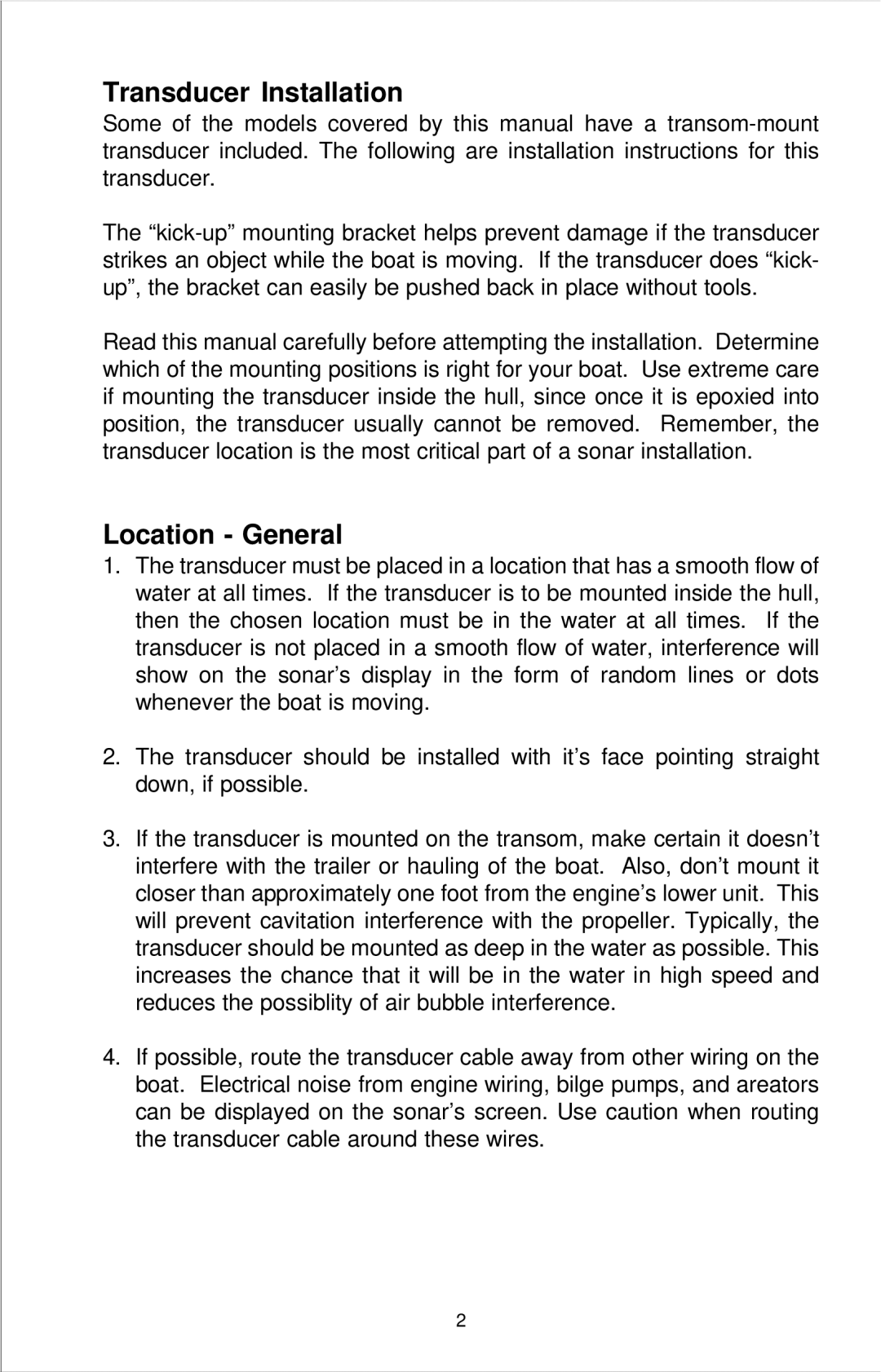 Lowrance electronic X-39, X-49, X-29 manual Transducer Installation, Location General 