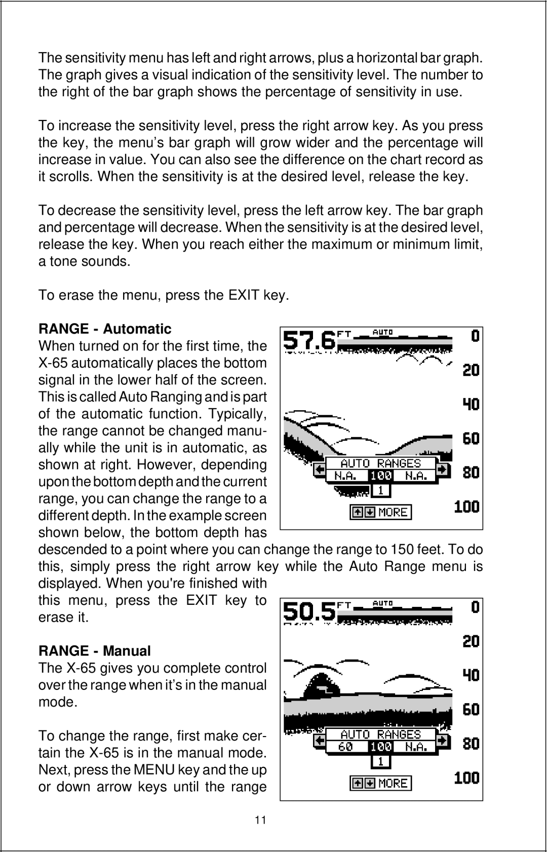 Lowrance electronic X-65 manual Range Automatic, Range Manual 