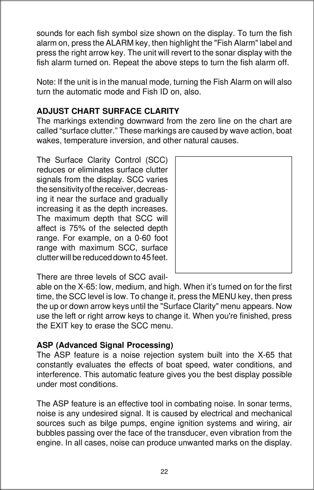 Lowrance electronic X-65 manual Adjust Chart Surface Clarity, ASP Advanced Signal Processing 