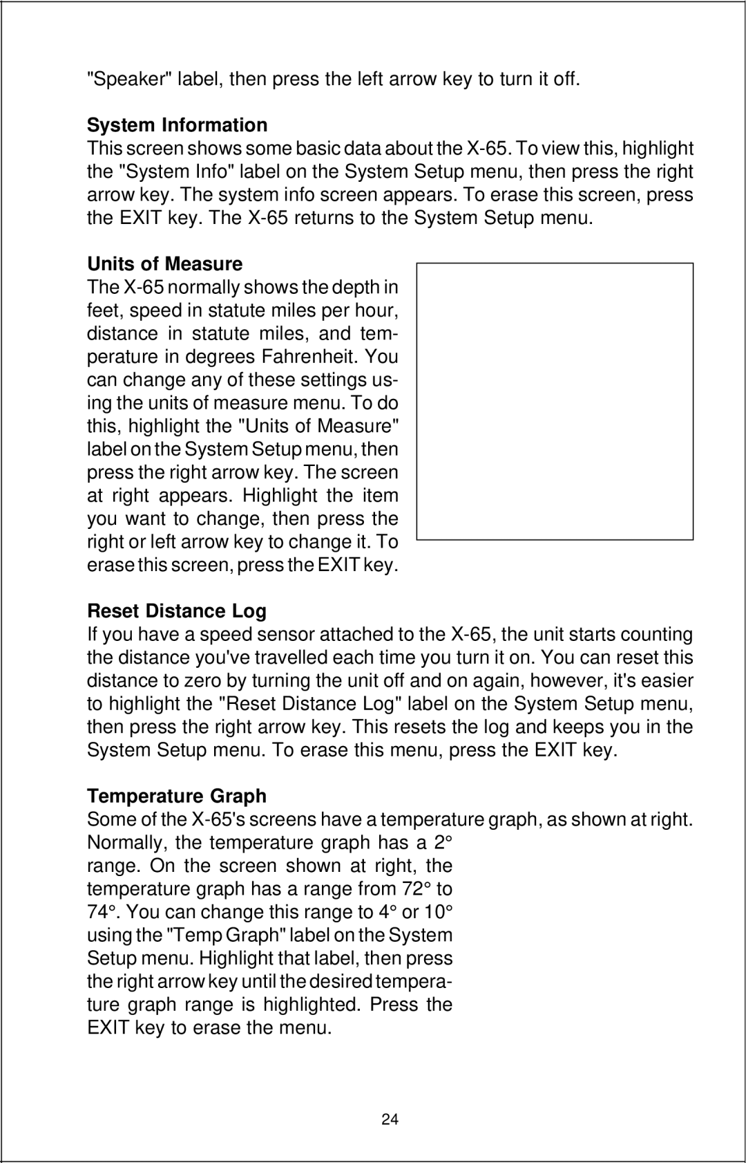 Lowrance electronic X-65 manual System Information, Units of Measure, Reset Distance Log, Temperature Graph 