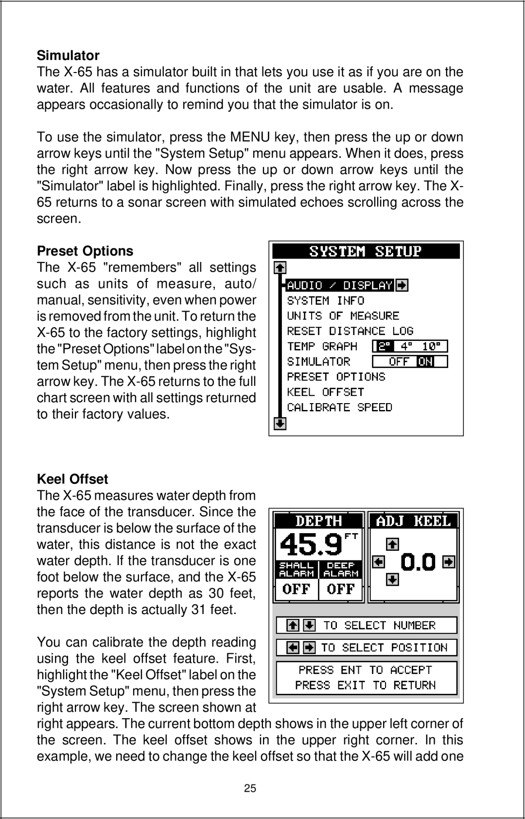 Lowrance electronic X-65 manual Simulator, Preset Options, Keel Offset 